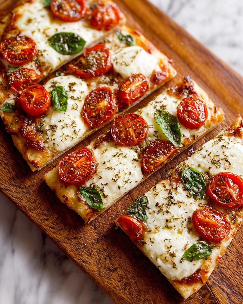 The image shows four rectangular slices of pizza on a wooden board. Each slice has a thin, golden-brown crust with melted white cheese in uneven, rounded blobs on top. There are bright red cherry tomato halves placed evenly across the surface, with fresh green basil leaves scattered around. The pizza has a light sprinkling of dried herbs, adding texture to the top. The board sits on a white marbled surface. Photo taken with an iphone --ar 4:5 --v 7
