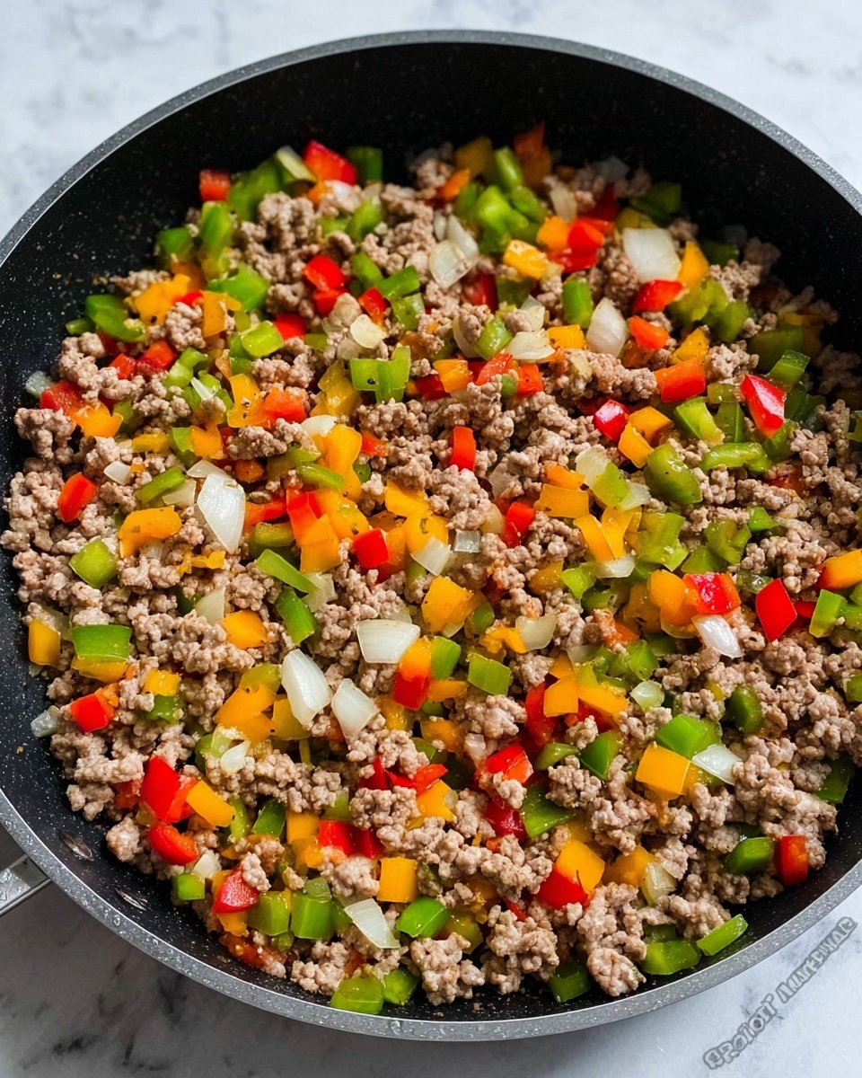 The image shows a large black pan filled with cooked ground meat mixed with diced vegetables including red, yellow, and green bell peppers, as well as small chunks of white onion. The ingredients are evenly spread in one visible layer inside the pan. The pan rests on a white marbled surface. The colors of the vegetables stand out vividly against the brown meat, creating a colorful and textured mix. photo taken with an iphone --ar 4:5 --v 7