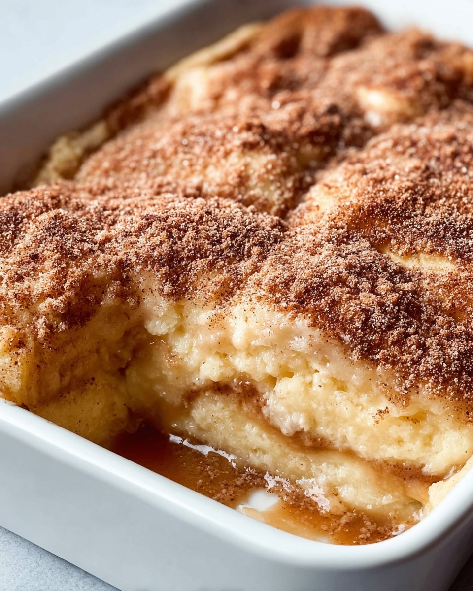 The dish is a baked dessert in a white rectangular dish, showing about three thick, golden-brown layers that are soft and slightly bumpy on top. The top layer is dusted with a fine layer of light brown cinnamon powder, creating a textured, powdery surface across the whole dessert. The edges look moist and syrupy, with a glossy, light caramel sauce seeping from under the layers, giving it a warm golden shine. The textures range from fluffy and smooth on top to a wet, sticky base visible where a spoon has scooped some out. Photo taken with an iphone --ar 4:5 --v 7