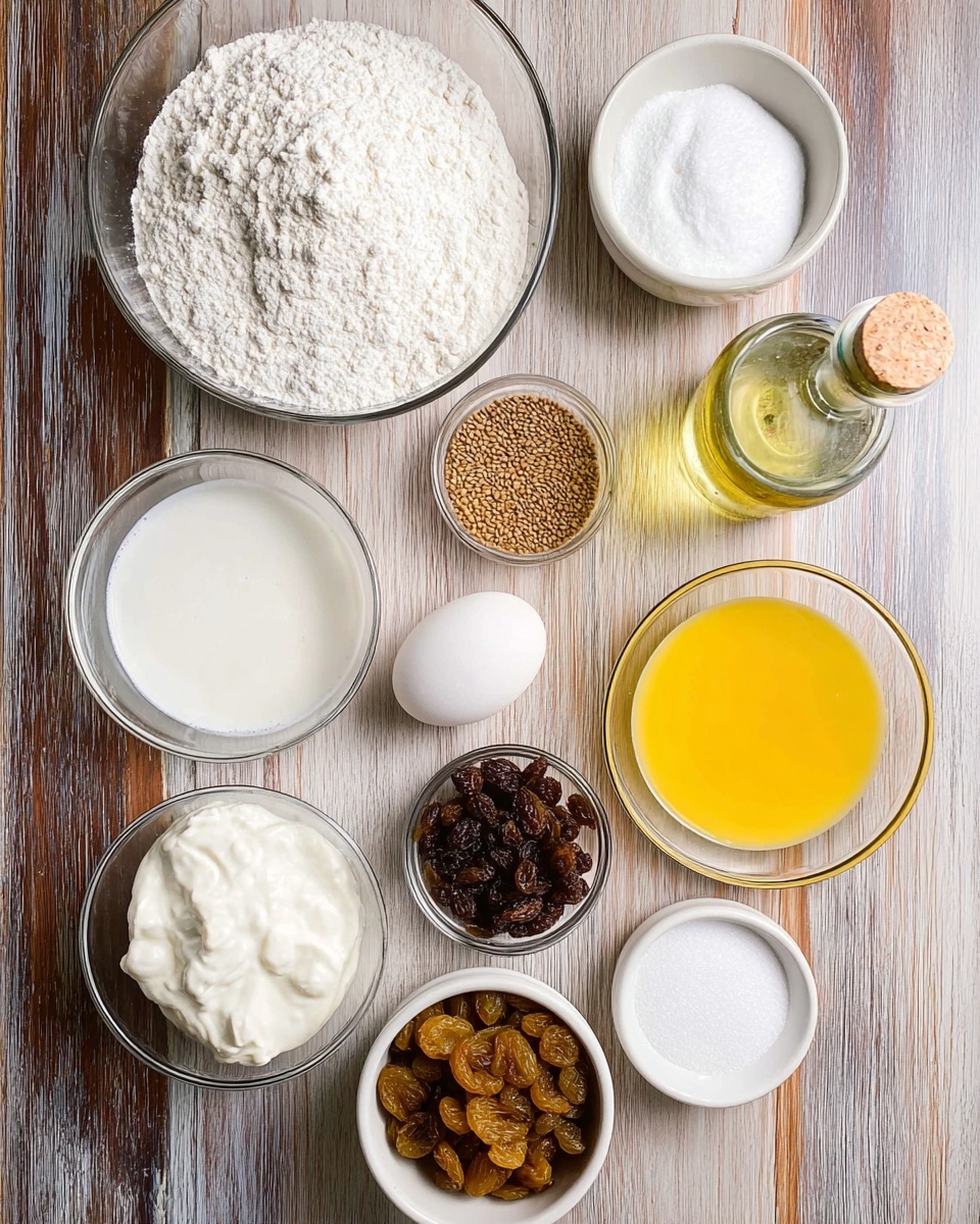 The image shows various baking ingredients arranged on a white marbled texture. There is a large clear bowl of white flour at the top center, a medium clear bowl filled with white powdery sugar below it, and a smaller clear bowl with light brown cumin seeds near the middle. A white egg sits in a small white bowl near the center. A white bowl on the right contains melted butter with a yellow color and smooth texture. There is a glass bottle filled with clear liquid, probably oil, near the bottom right, and next to it is a medium clear bowl full of dark and golden raisins. Another clear bowl holds a white creamy ingredient, possibly yogurt or sour cream, towards the left. A smaller white bowl near the top right has three white powdered ingredients, and two tiny clear bowls contain salt and sugar. The arrangement is neat and placed on a wooden patterned surface. photo taken with an iphone --ar 4:5 --v 7