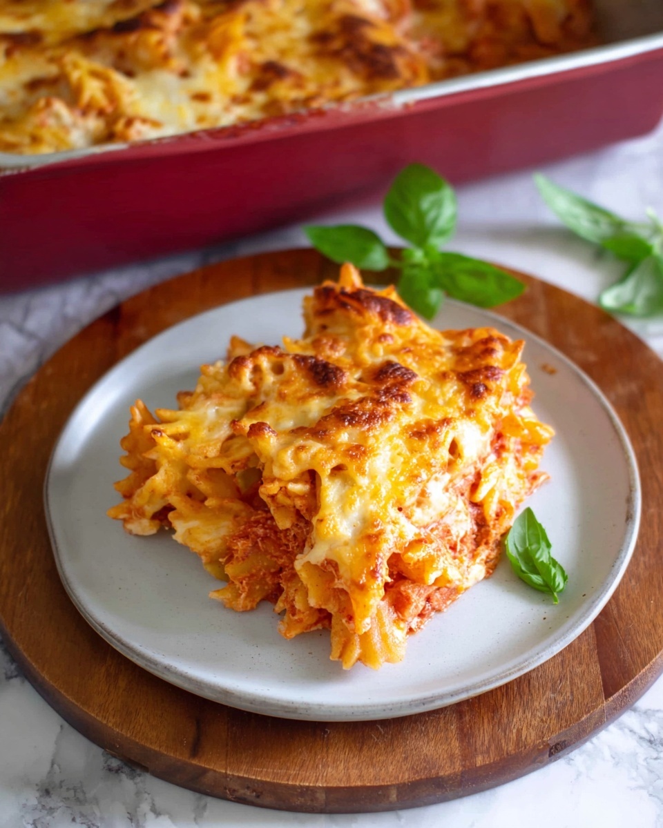A serving of baked pasta with melted cheese on top sits on a white plate placed on a round wooden board. The pasta is layered with a red tomato sauce mixed with a creamy ingredient, creating a soft texture that holds the pasta together. The top layer has golden brown melted cheese that looks slightly crispy in spots, covering the ridged pasta pieces. There are a few fresh green basil leaves near the plate, and part of the baked dish in a red baking tray is visible at the top of the image. The background is a white marbled texture. photo taken with an iphone --ar 4:5 --v 7