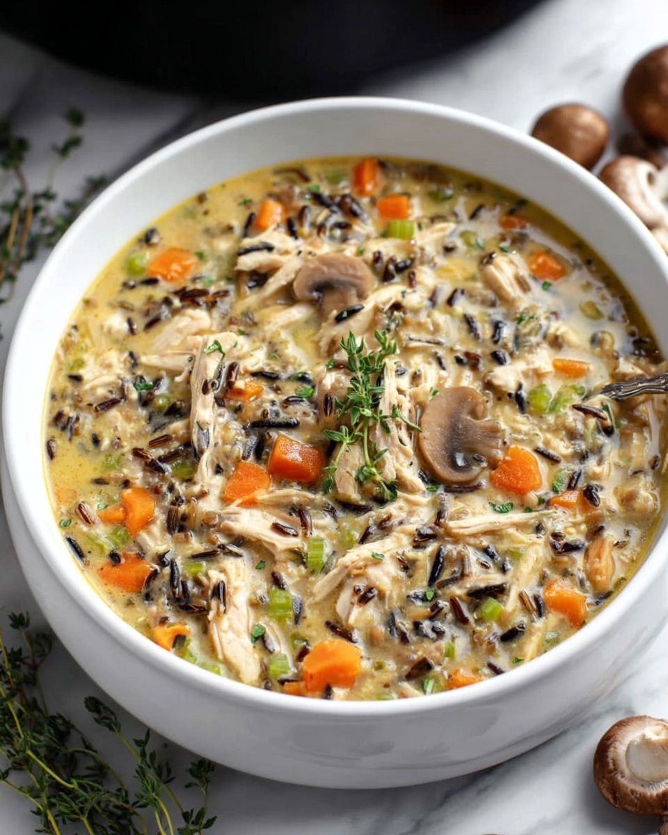 A white round ceramic dish filled with creamy chicken and wild rice soup, showing visible layers of shredded chicken, sliced brown mushrooms, orange carrot cubes, small green celery pieces, and dark wild rice mixed throughout a thick, lightly yellowish broth, garnished with small green herbs and a sprig of fresh thyme on top. The dish sits on a white marbled surface with blurred mushrooms and thyme in the background, with a black pan nearby. Photo taken with an iphone --ar 4:5 --v 7