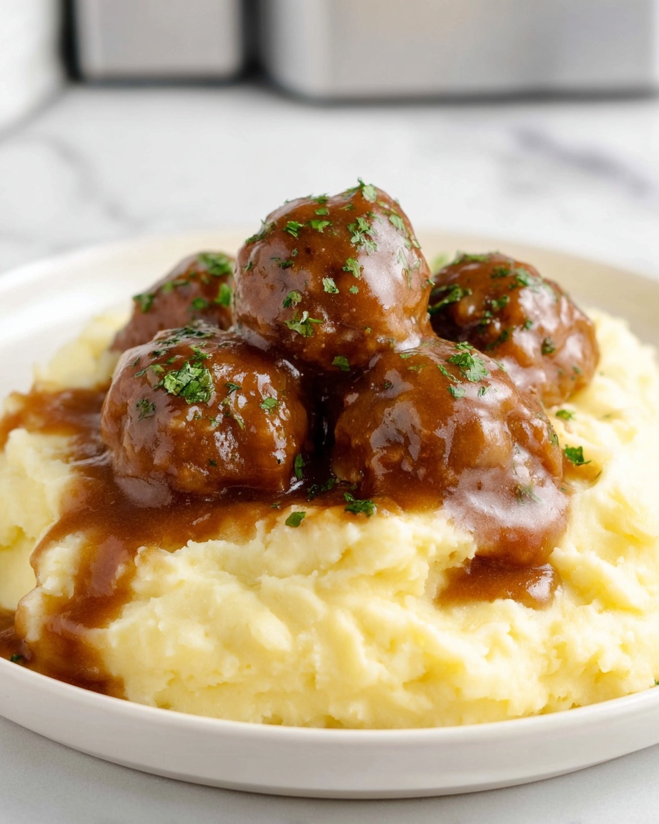 A white plate holds a serving of smooth, creamy mashed potatoes as the bottom layer, light yellow in color with soft, fluffy texture. On top of the mashed potatoes, there are four meatballs covered in thick, glossy brown gravy, each meatball round and shiny with bits of green herbs sprinkled over them. The gravy drips slightly down onto the mashed potatoes, adding a rich and moist look. The background has a white marbled texture, making the dish stand out clearly. photo taken with an iphone --ar 4:5 --v 7