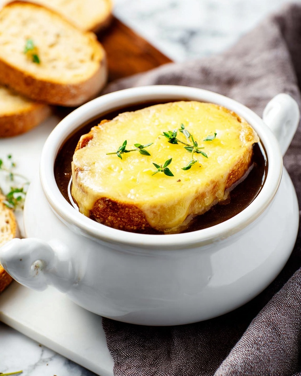 A white round bowl with two small handles is filled with dark, rich soup as the base layer. On top of the soup, there is one slice of toasted bread covered by a thick layer of melted yellow cheese that has a smooth, slightly shiny texture. Small green herb leaves are sprinkled on the cheese layer. The bowl is placed on a white marbled surface, next to a folded gray cloth napkin and two round toasted bread slices in the background. Photo taken with an iphone --ar 4:5 --v 7