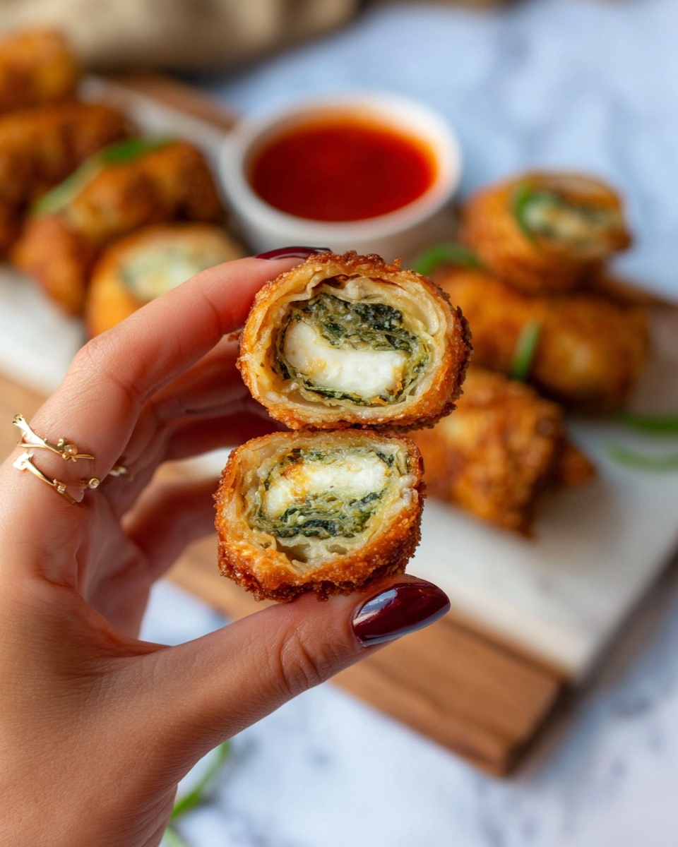 A close-up image shows a woman's hand holding a small, round fried roll that is broken in half, revealing three visible layers: a crispy golden brown outer layer, a soft light cream-colored middle layer, and an inner white layer with green herbs or spinach. The background is a white marbled texture, with a white plate or board holding more of the same golden rolls and a small bowl of red dipping sauce blurred out behind. The nails of the woman's hand are painted dark red. Photo taken with an iphone --ar 4:5 --v 7