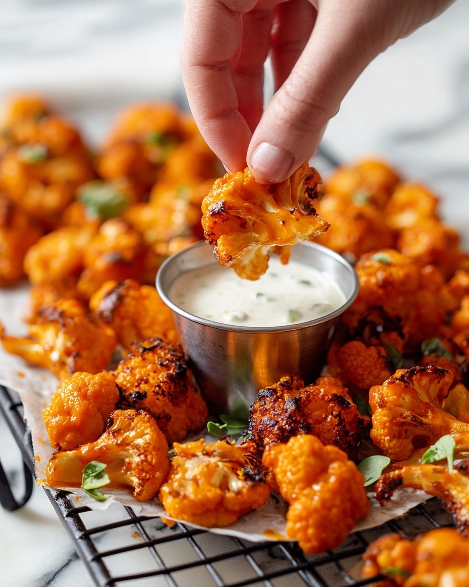 A woman's hand is holding a bright orange, saucy cauliflower floret dipping it into a small metal cup filled with white creamy sauce. The cauliflower pieces are many, scattered on a black wire cooling rack on a white marbled surface. The cauliflower is coated with a thick, slightly shiny orange sauce with some darker charred spots. Small green herb leaves are scattered among the cauliflower pieces. The image is bright and clear with a soft background blur. photo taken with an iphone --ar 4:5 --v 7
