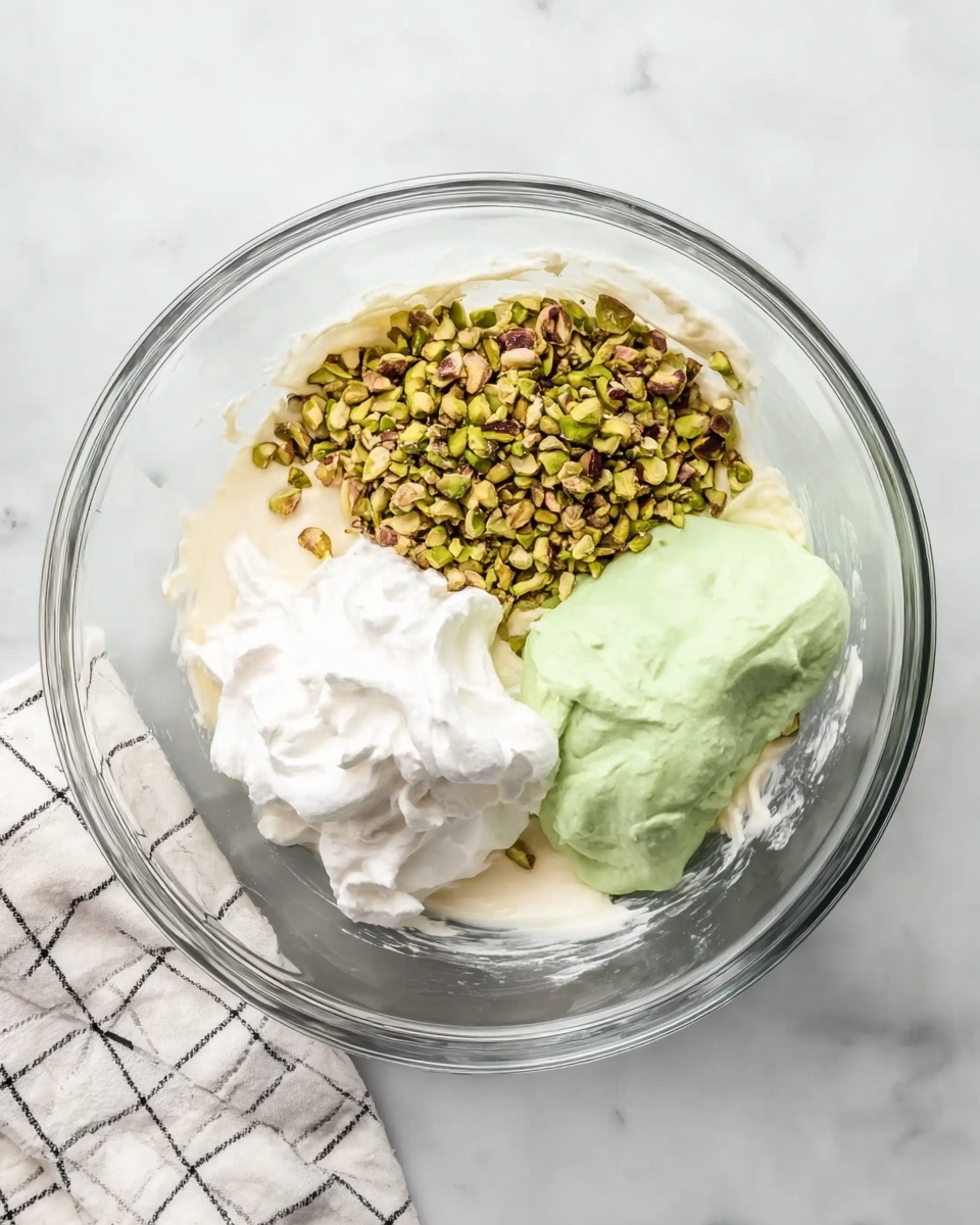 A clear glass bowl sits on a white marbled surface, filled with four separate ingredients before mixing. The bottom layer is a creamy white base spread evenly. On top of this base, there is a small heap of chopped green and brown pistachio nuts to the left. To the right of the nuts, a smooth, light green paste or cream is placed. At the top center of the bowl, a dollop of airy, white whipped cream rests gently. A white cloth with a simple black grid pattern lies at the bottom left corner outside the bowl. Photo taken with an iphone --ar 4:5 --v 7