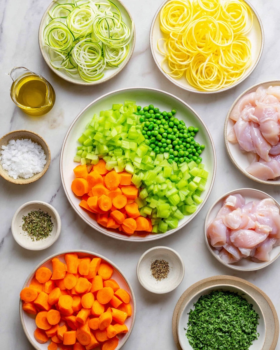 The image shows several white plates and bowls arranged on a white marbled surface, each holding different fresh ingredients. In the center, a large white plate holds two piles of sliced vegetables: bright green celery on the left and vibrant orange carrots on the right. Above it, another white plate carries thin yellow and green spiral vegetable strips. To the right, a white plate contains raw light pink chicken pieces. Around these main plates, small bowls hold finely chopped white onions, bright green peas, chopped herbs, ground spices in yellow and green tones, a small bowl of golden olive oil, and small bowls with salt and pepper. The overall look is clean, colorful, and organized. photo taken with an iphone --ar 4:5 --v 7