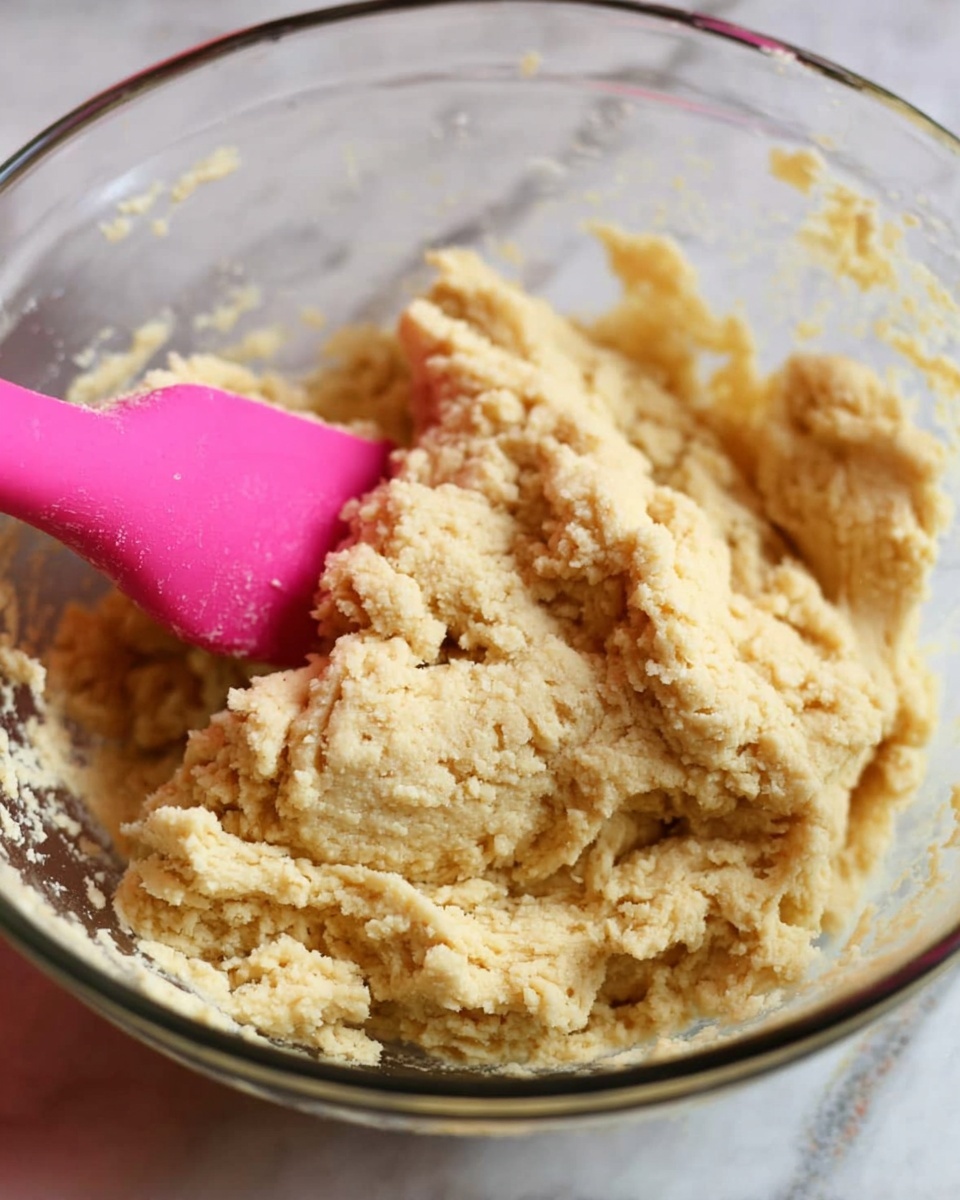 A close-up photo of a clear glass bowl filled with pale yellow, rough-textured dough. The dough looks soft and slightly sticky with an uneven surface. A bright pink silicone spatula is partially stuck into the dough on the left side, lifting some of it slightly. The bowl sits on a white marbled surface. photo taken with an iphone --ar 4:5 --v 7