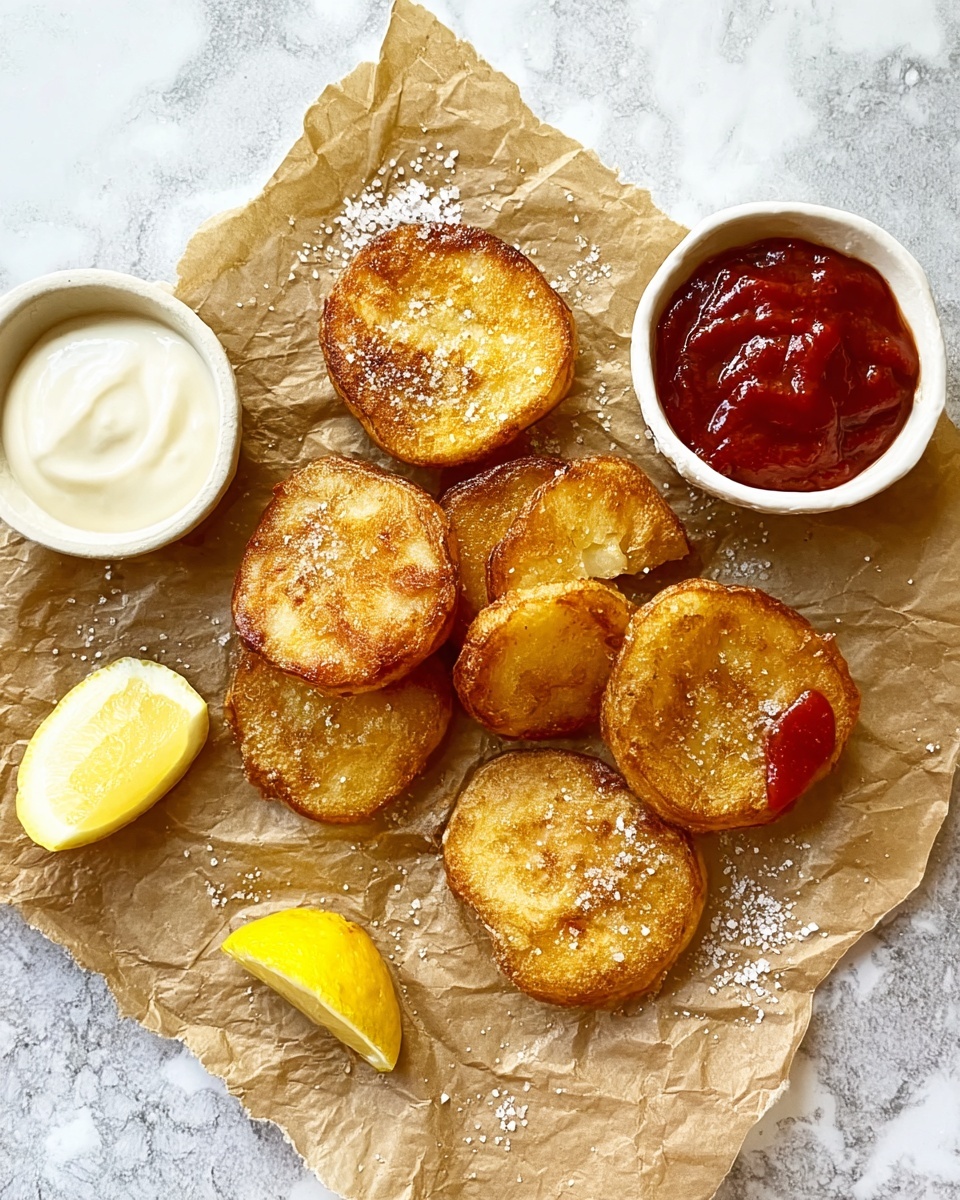 The image shows six golden brown fried potato slices arranged on crinkled brown parchment paper, sprinkled lightly with coarse salt. Two lemon wedges with bright yellow skin and juicy interiors lie to the left on the parchment. Near the top right, there is a white bowl filled with thick red sauce with a glossy texture. To the left of the potatoes, there is a small white dish containing a light creamy sauce. One potato slice is broken into two pieces, and one piece has a dollop of the red sauce on it. The whole setup is on a white marbled surface. Photo taken with an iphone --ar 4:5 --v 7