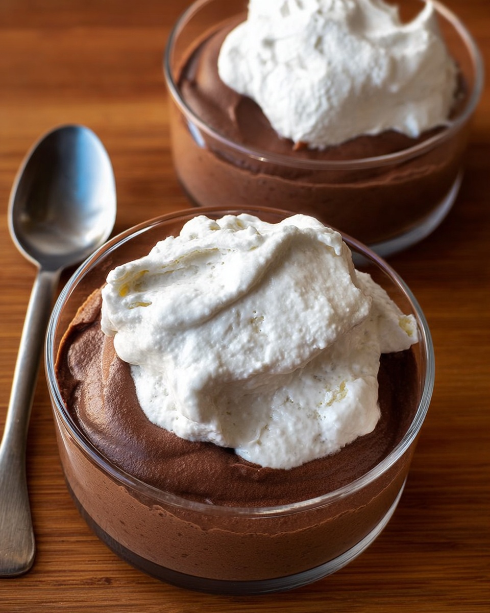 Three clear glass bowls sit on a wooden surface, each filled with a thick, smooth layer of dark brown chocolate mousse topped with a single scoop of white vanilla ice cream placed slightly off-center. The mousse appears creamy and swirled with soft peaks, while the ice cream shows a textured scoop with some melting edges blending gently into the mousse. Two metal spoons with shiny surfaces are placed nearby, one resting near the top left bowl and another near the bottom right bowl. The setting is simple and warm, highlighting the contrast between the dark mousse and bright ice cream. photo taken with an iphone --ar 4:5 --v 7