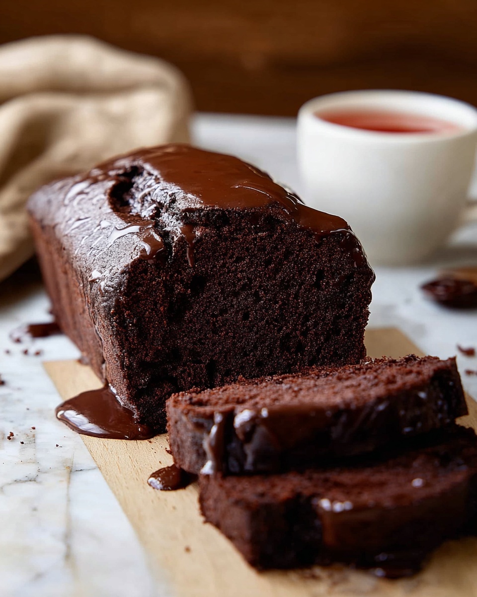 A single-layered dark chocolate cake loaf with a rich, dense texture is shown sliced, revealing its moist and tightly packed crumb inside. The cake is topped with a shiny, smooth chocolate glaze that gently drips down the sides, adding a glossy finish. Two slices lie flat in front of the main loaf, with some extra glaze pooling around them. The scene is set on a light wooden surface with a blurred background featuring a beige cloth and a white cup filled with a red liquid, all on a white marbled texture. photo taken with an iphone --ar 4:5 --v 7