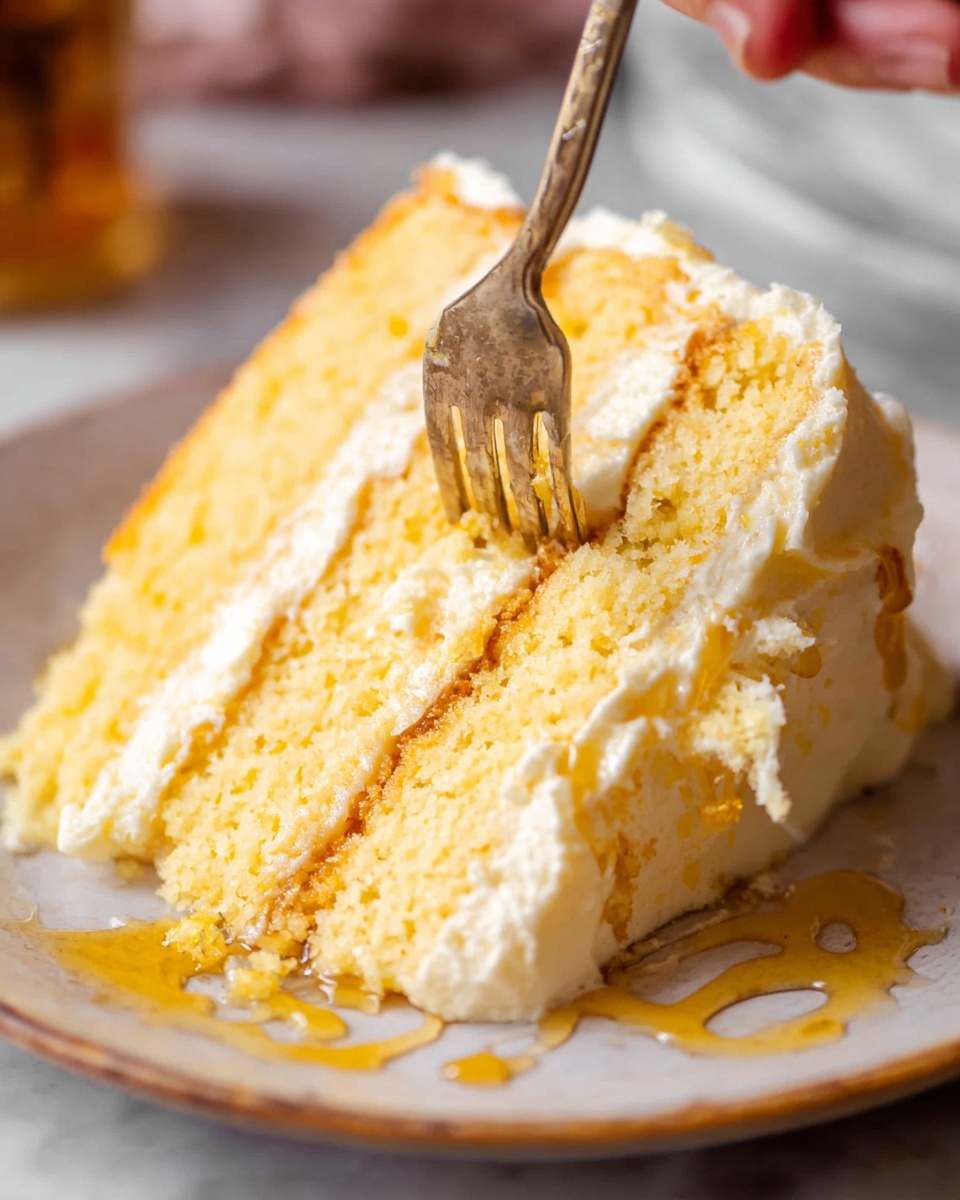 A close-up of a slice of yellow cake with three layers, each separated by creamy white frosting. The cake texture looks soft and crumbly with frosting covering the sides and top. There is a woman's hand holding a fork piercing the middle layer of the cake. The slice sits on a white plate with some golden syrup drizzled around it, all set on a white marbled surface. photo taken with an iphone --ar 4:5 --v 7