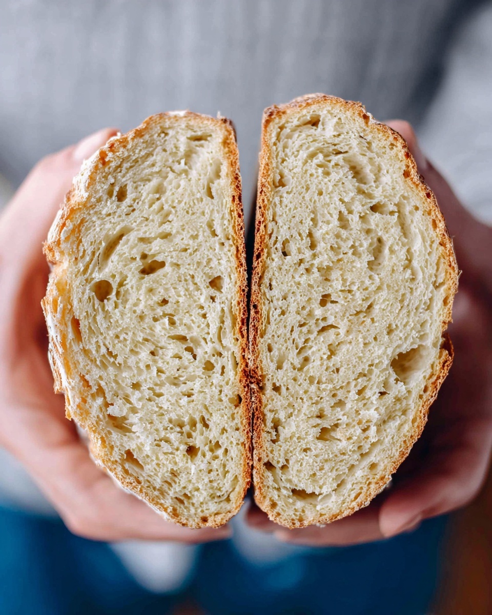 A close-up of a loaf of bread sliced in two halves, held in a pair of hands with light skin, against a blurred background showing a blue and white outfit. Each half shows a light beige, airy interior with small to medium holes and a thin, golden brown crust around the edges. The texture of the bread’s inside looks soft and fluffy with a slightly uneven crumb structure. The bread is centered in the image, filling most of the frame. Photo taken with an iphone --ar 4:5 --v 7
