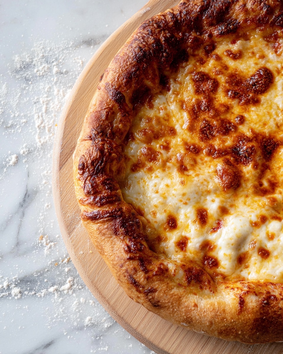 A close-up view of a pizza showing three main layers: the bottom golden-brown crust with a thick raised edge that is crispy and puffy, the middle layer of melted cheese that is creamy white with some golden-brown browned spots, and visible hints of red sauce peeking through the cheese near the edges. The pizza is placed on a light wooden board which rests on a white marbled surface with some scattered flour around. Photo taken with an iphone --ar 4:5 --v 7