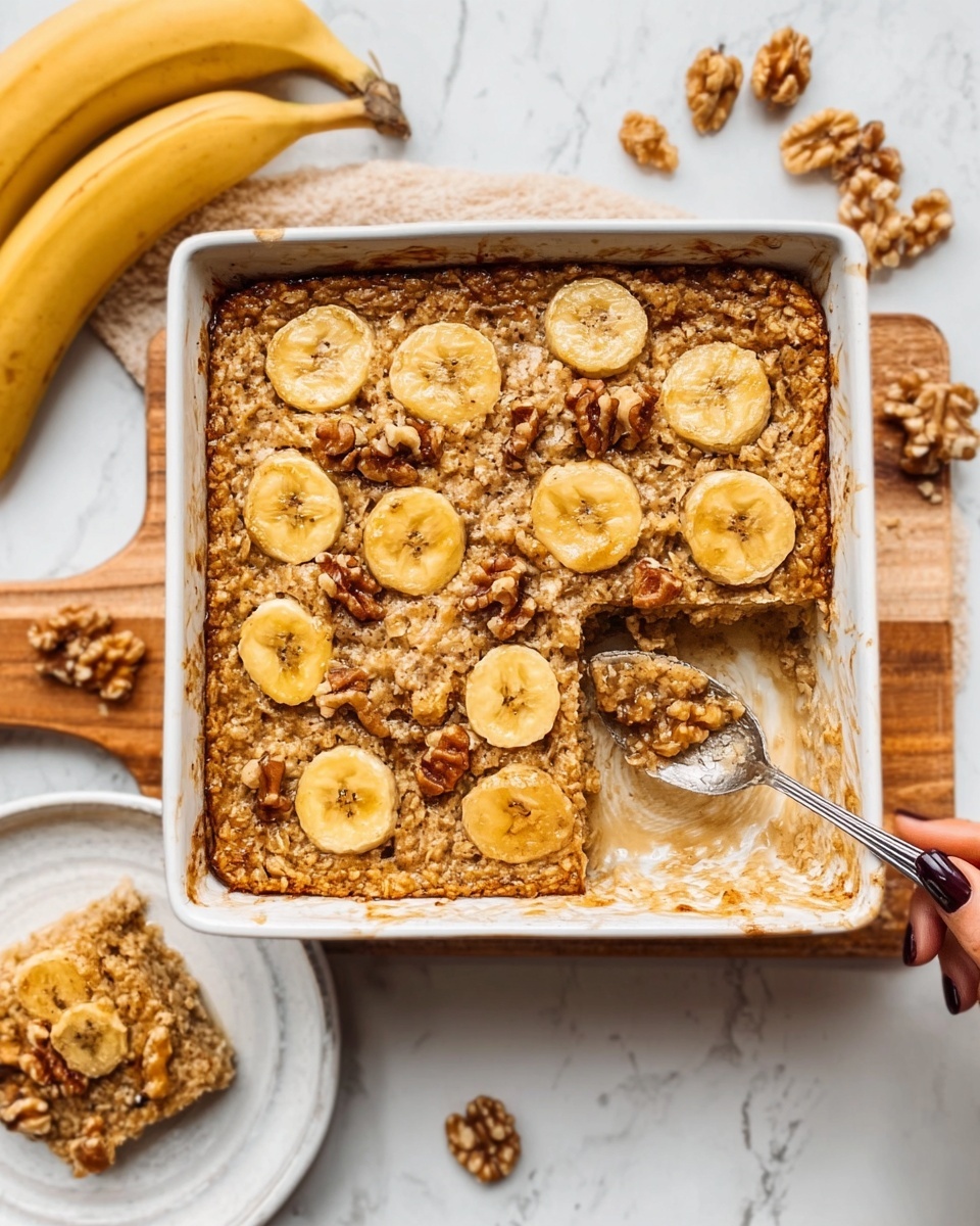 A white square baking dish filled with a baked oatmeal dessert featuring a top layer scattered with thin banana slices and crushed walnuts. The oatmeal has a golden-brown color with a slightly rough and crumbly texture, showing small air pockets. A white spoon with light caramel residue rests inside the dish, scooping a portion out. Next to the baking dish, a wooden board holds a white plate with a square serving of the oatmeal. Two ripe yellow bananas and some loose walnuts are placed on the white marbled surface around the dish. A woman's hand with dark nail polish is holding the spoon inside the baking dish. photo taken with an iphone --ar 4:5 --v 7
