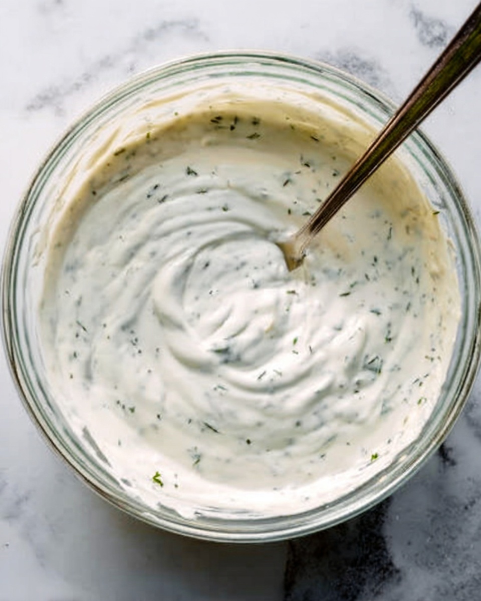 The image shows a thick, creamy white sauce with small green herb pieces mixed throughout it. The sauce is smooth and swirled inside a clear glass bowl. A metal spoon with a long handle rests inside the bowl, partially covered with the sauce. The bowl is set on a white marbled surface. photo taken with an iphone --ar 4:5 --v 7
