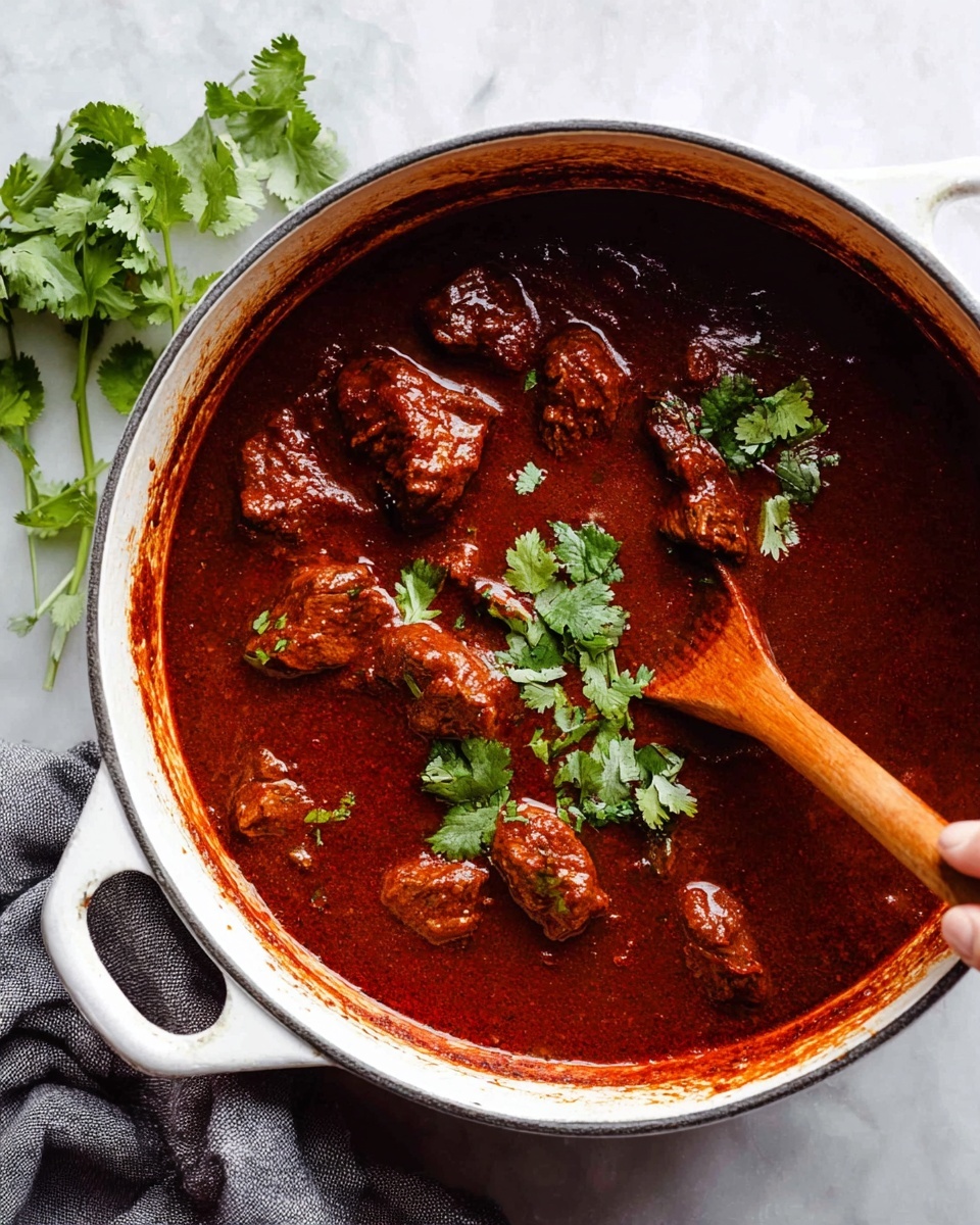 A white pot filled with rich, thick dark red sauce with chunks of meat submerged in it. The sauce appears smooth with a glossy texture, and bits of bright green fresh cilantro leaves are scattered on top as garnish. A wooden spoon is partly dipped inside the sauce, holding some pieces of meat, with a visible woman's hand stirring from the right side. The pot rests on a white marbled surface with a few cilantro leaves placed nearby and a gray cloth in the bottom left corner. Photo taken with an iphone --ar 4:5 --v 7