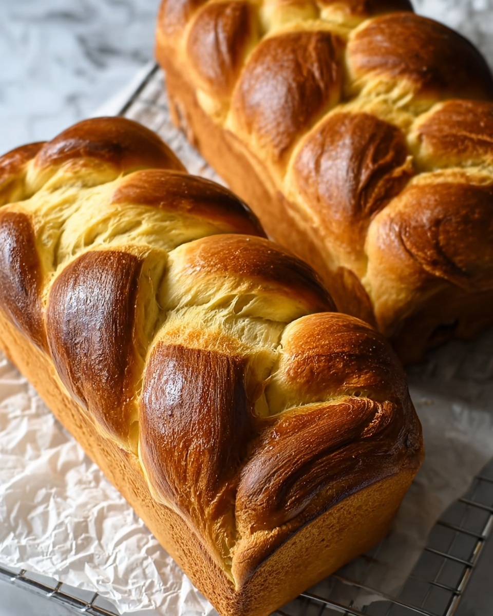Two loaves of braided bread rest on a metal cooling rack over white crumpled paper on a white marbled surface. Each loaf features thick, golden brown and slightly darker brown twisted layers, showing a detailed, glossy crust texture with soft, fluffy areas peeking through the braided pattern. The bread's smooth surface fades into a rougher, lighter beige base where it meets the baking pan shape. The warm lighting highlights the rich golden and brown tones, giving the bread an inviting, freshly baked appearance photo taken with an iphone --ar 4:5 --v 7