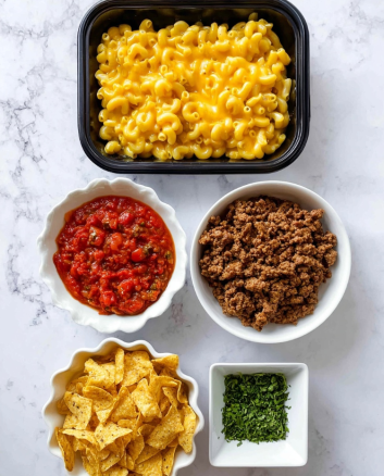 The image shows five dishes arranged vertically on a white marbled surface. At the top, there is a black container filled with bright yellow macaroni and cheese, with a creamy and smooth texture. Below it, there is a white bowl filled with browned, crumbly cooked ground meat, with a rough texture. The middle dish is a white bowl containing chunky red salsa with a slightly shiny surface. Below that, there is a white scalloped bowl filled with crushed yellow corn chips, looking dry and crisp. To the right of the bottom bowl, there is a small white square dish holding finely chopped green herbs, adding a fresh color contrast. Photo taken with an iphone --ar 4:5 --v 7