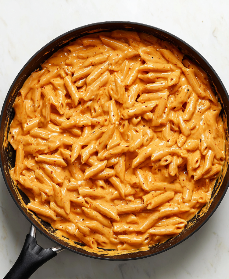 A large black pan with a handle holds creamy orange pasta covered in smooth sauce. The pasta is short, tube-shaped penne, evenly coated in a thick, shiny sauce with small bits of herbs or spices visible. The pan sits on a white marbled surface, and the sauce clings closely to the pasta, creating a rich texture. The pasta fills the pan almost to the edges with no extra garnishes or toppings visible. photo taken with an iphone --ar 4:5 --v 7