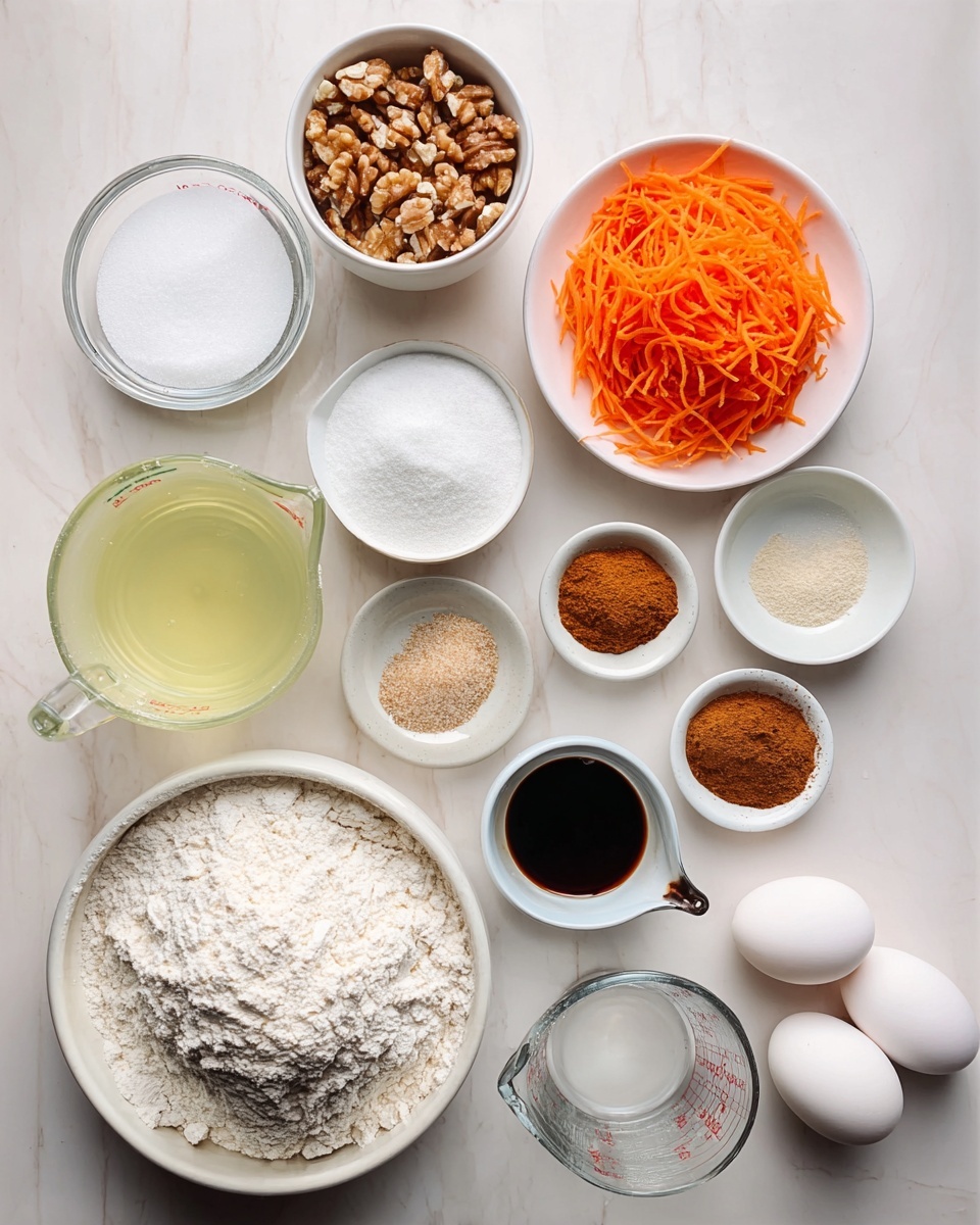 The image shows various baking ingredients neatly arranged on a white marbled surface. There is a white bowl filled with a large pile of flour at the bottom center, next to a smaller white bowl with chopped nuts to the left. Above the nuts is a white bowl packed with white granulated sugar, and to its right, a white bowl holding two white eggs. To the right of the eggs is another white bowl with finely shredded bright orange carrots. Above the carrots is a white plate containing three different powdered spices in shades of light brown, dark brown, and beige. Next to the spices is a small white dish filled with dark liquid, likely vanilla extract. A clear glass measuring cup with a handle holds a pale yellow oil on the left side, while above it is another clear glass measuring cup with white liquid inside. Three small white bowls with white powders, possibly baking powder and salt, are scattered at the top left. A metal measuring cup with brown sugar rests diagonally near the center. The overall color palette is soft and natural with white dishware and fresh ingredient colors, photo taken with an iphone --ar 4:5 --v 7