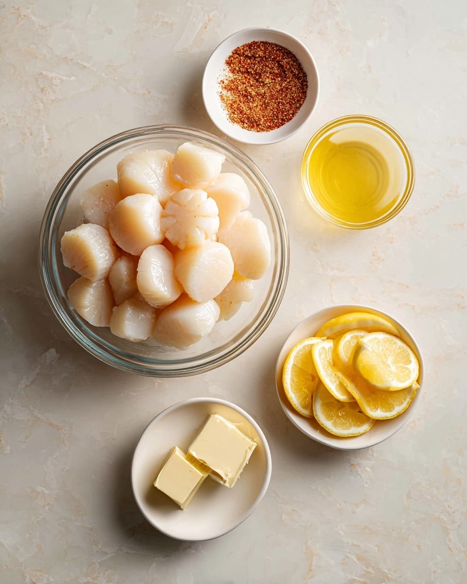 A clear glass bowl sits in the center filled with multiple plump, white scallops showing smooth, rounded shapes. Above the bowl, two small white bowls hold ingredients: one with a fine reddish-brown spice mix and the other with a golden yellow liquid. Below the glass bowl, a small white bowl contains several pale yellow butter pieces, next to a tiny single piece of butter placed on the white marbled surface. To the right is a small white plate holding bright yellow lemon wedges. The background is a white marbled texture. photo taken with an iphone --ar 4:5 --v 7
