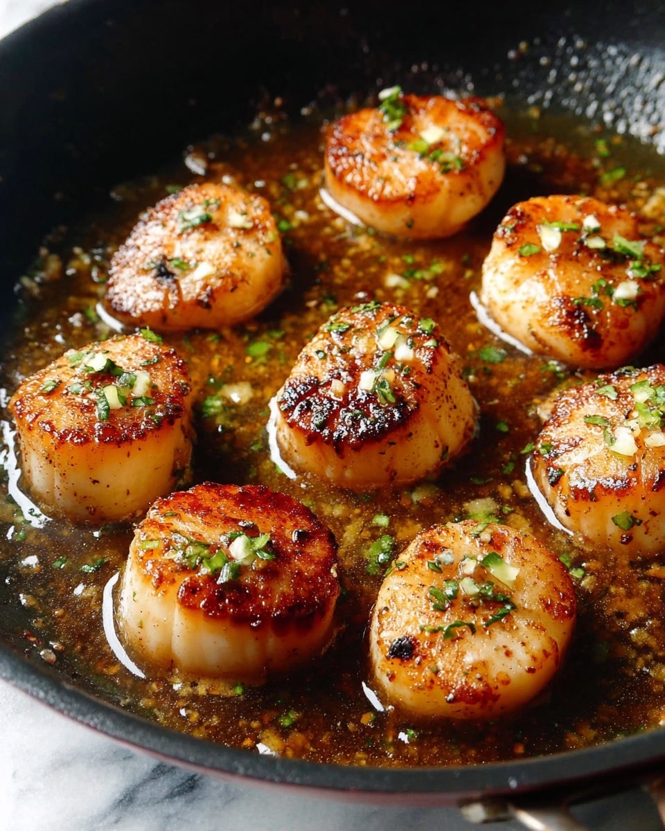 A black pan holds eight cooked scallops with a light brown, crispy outside and slightly golden edges, scattered evenly. Each scallop is sprinkled with small pieces of bright green herbs. The pan has a shiny layer of brown sauce pooling around the scallops, giving a moist look. The background is a white marbled texture. photo taken with an iphone --ar 4:5 --v 7