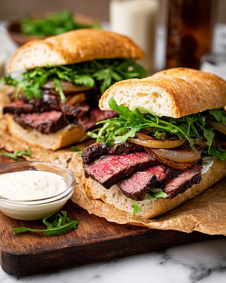 Two steak sandwiches rest on brown parchment paper over a dark wooden board, placed on a white marbled surface. Each sandwich has a light brown, crusty bun sliced in half, with several slices of medium-rare steak showing a deep pink center and charred edges. On top of the steak, there are grilled golden-brown onions and a heap of fresh green arugula leaves. In front of the sandwiches, there is a small clear glass bowl filled with a creamy white sauce. The background has a blurry look with a glass and brown bottle visible. photo taken with an iphone --ar 4:5 --v 7