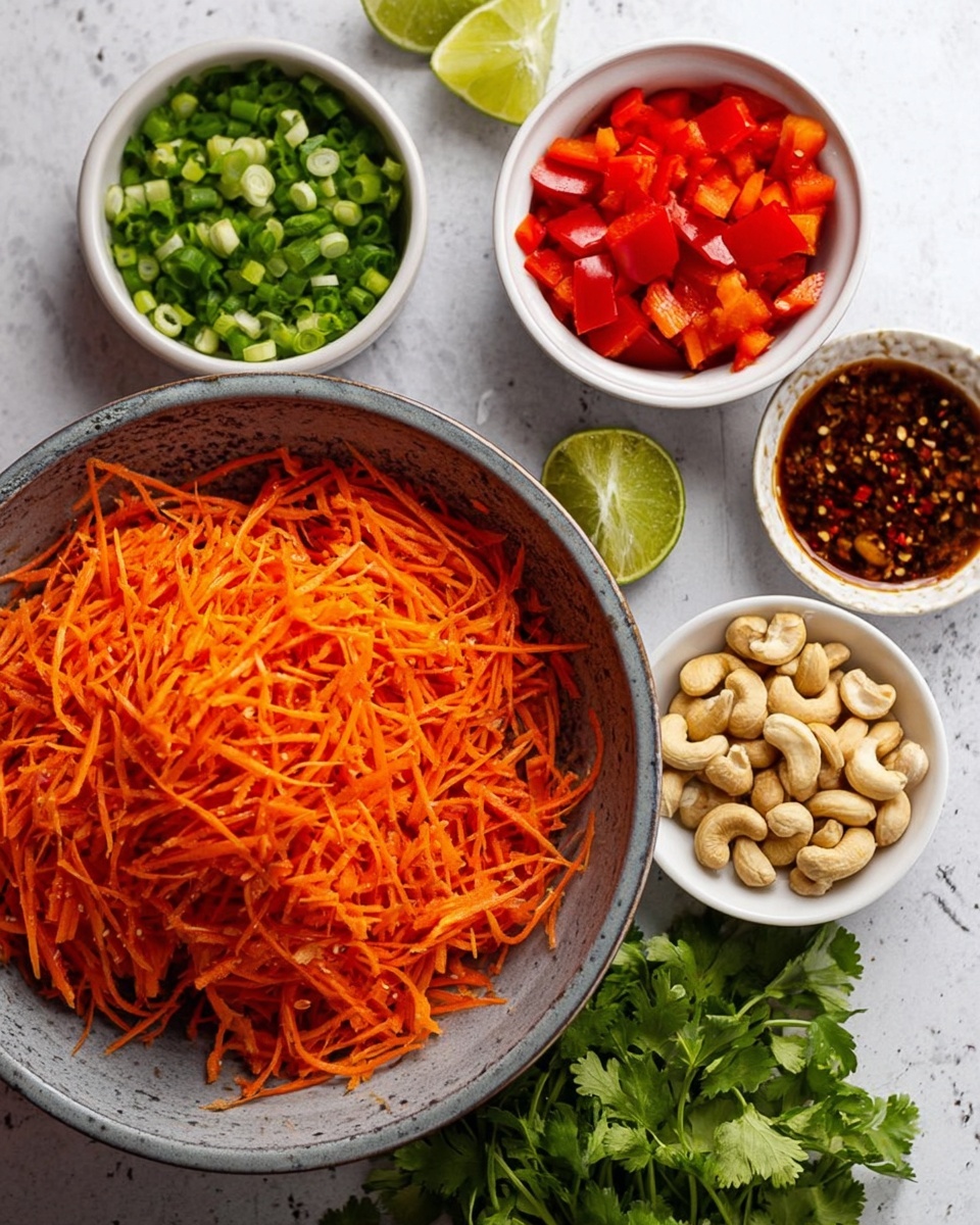 A large bowl filled with bright orange shredded carrots sits in the center on a white marbled surface. Around it are smaller white bowls holding different ingredients: one with chopped green onions, another with roughly chopped red bell peppers, and one filled with whole cashew nuts. A small white bowl with a dark brown sauce containing visible chili flakes is placed nearby. Two halves of a lime rest next to a small bunch of fresh green cilantro leaves. The setup is clean and fresh, highlighting the vibrant colors of the ingredients. photo taken with an iphone --ar 4:5 --v 7