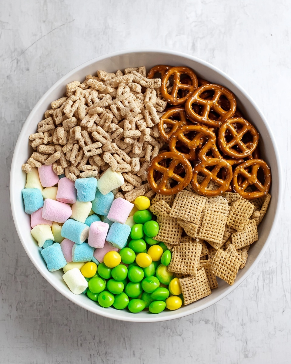 A white bowl is divided into six sections with different snacks arranged neatly side by side. The top left section has light brown cereal pieces shaped like letters, next to it on the right are twisted, shiny light brown pretzels. Below the pretzels is a colorful pile of mini marshmallows in pastel colors like blue, pink, yellow, and green. The bottom right section holds square, tan cereal pieces with a woven texture, and next to it on the left are bright green and yellow round candy-coated chocolates. The last section on the far left at the top holds more light brown cereal pieces with a puffed texture. The bowl sits on a white marbled surface. photo taken with an iphone --ar 4:5 --v 7