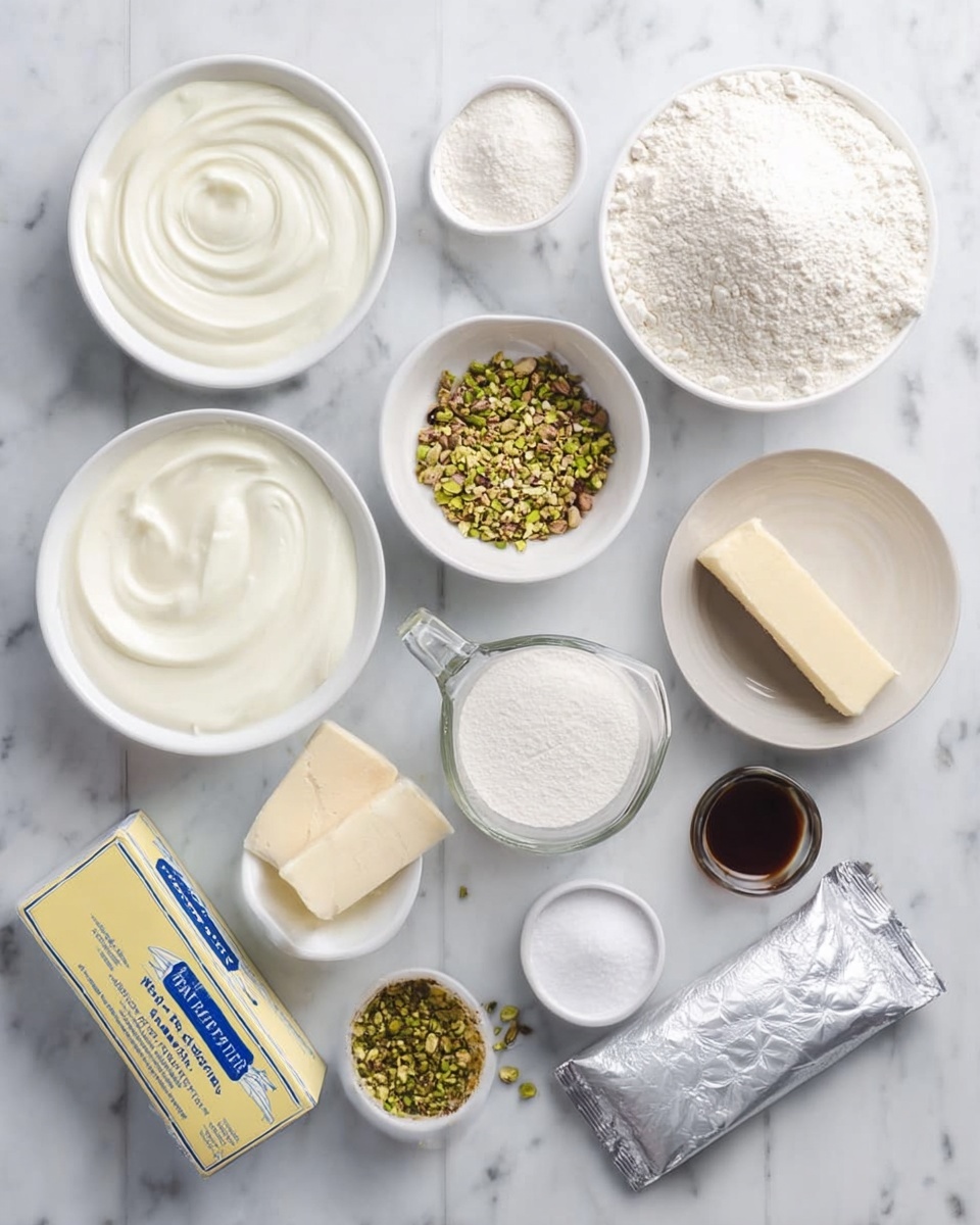 The image shows a top view of various baking ingredients arranged neatly on a white marbled surface. There are nine main items: two white bowls filled with smooth white cream-like mixtures with soft swirls on top, a white bowl of white flour, a white bowl of powdered sugar, a white cup of crushed pistachios with green and brown colors, a transparent glass measuring cup filled with cream, a white bowl with finely chopped green pistachios, two small brown paper bags, a stick of butter with a yellowwrap and blue text, a small white bowl of sugar, a pack of silver-wrapped cream cheese, and a small container filled with a dark liquid, likely vanilla extract. The arrangement is clean, with some space in between items for clarity. Photo taken with an iphone --ar 4:5 --v 7
