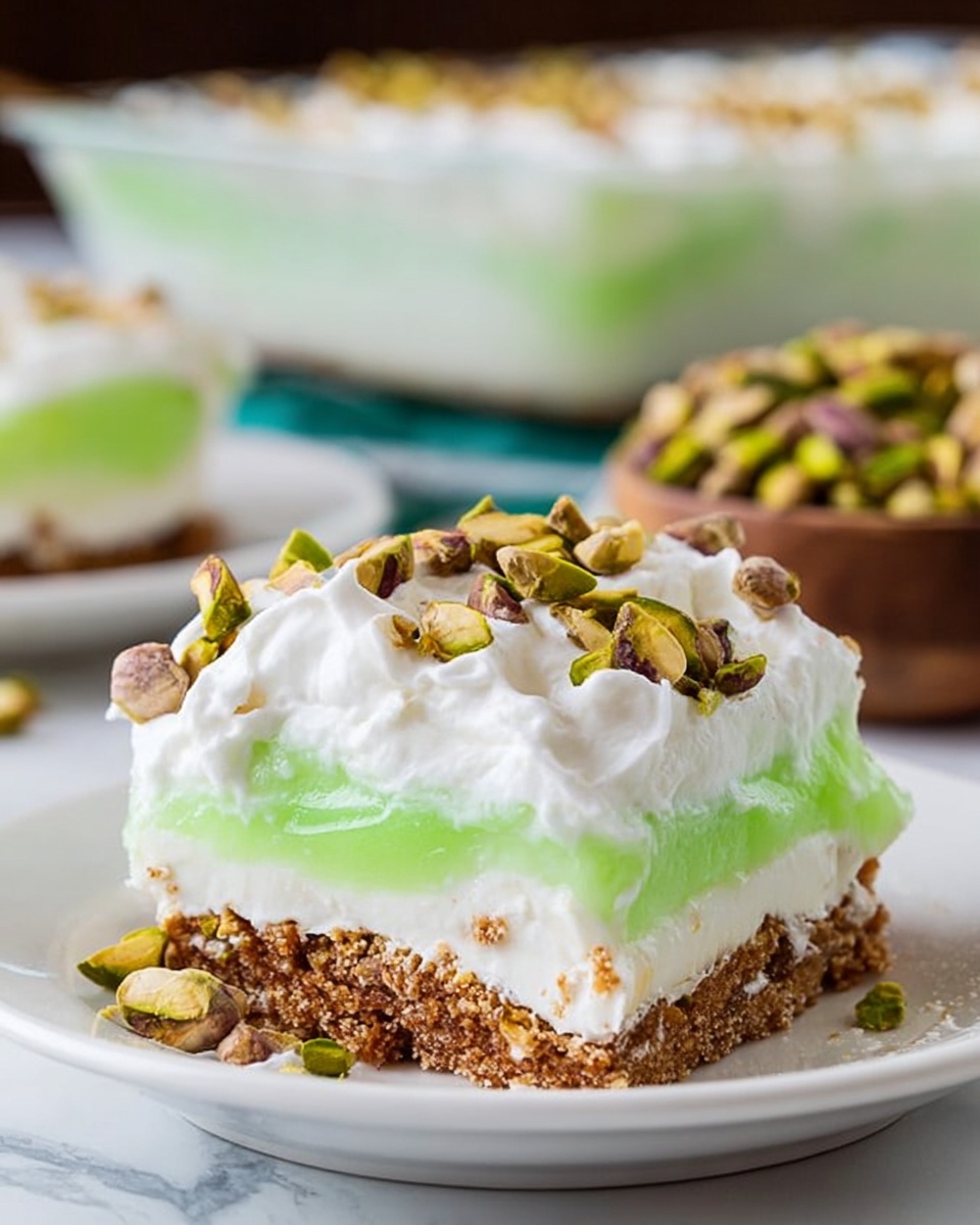 A close-up of a slice of layered dessert on a white plate, set on a white marbled surface. The bottom layer is a brown crumbly crust, followed by a thick white creamy layer. Above this is a bright green, smooth layer that looks like a pudding or gelatin. The top layer is a fluffy white whipped topping, uneven and soft, dotted with scattered chopped pistachios adding a splash of green and brown. In the background, there is a blurred larger dish with the same dessert and a small bowl filled with whole pistachios. Photo taken with an iphone --ar 4:5 --v 7