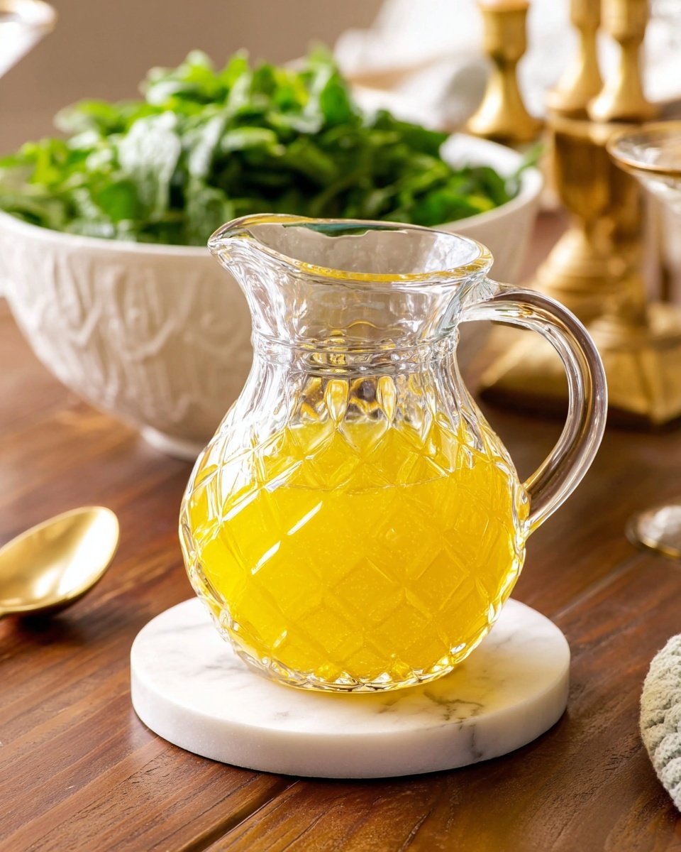 A clear glass pitcher with a textured diamond pattern is filled about three-quarters with bright yellow liquid. The pitcher has a curved handle on the left and a spout on the right. It sits on a round white marbled base that shows slight veining. In the background, a large white bowl holds a pile of fresh green leaves, and there are blurred white candle holders and a shiny gold spoon adding depth behind the pitcher. The scene is set on a wooden surface. photo taken with an iphone --ar 4:5 --v 7