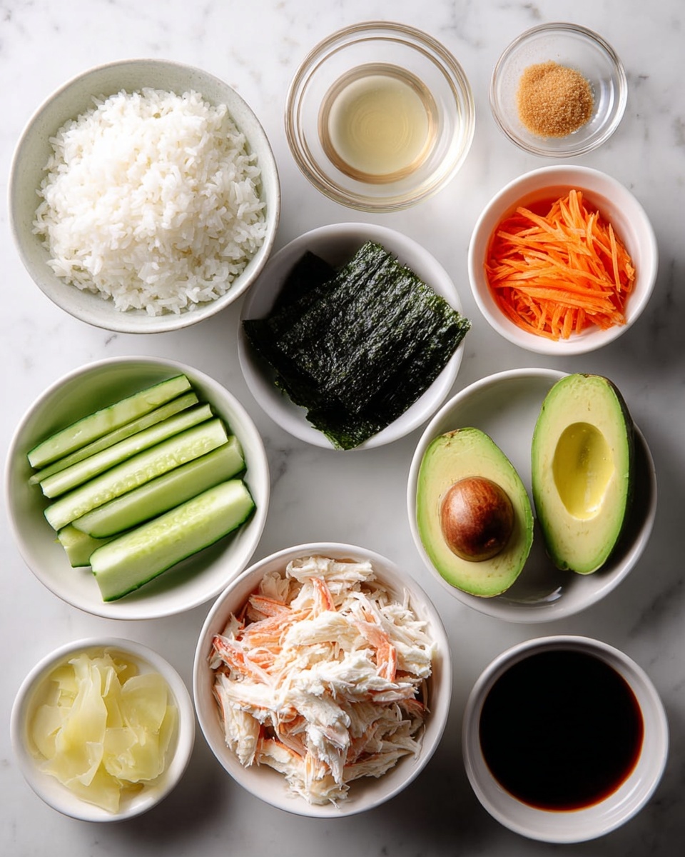 The image shows nine white bowls arranged neatly on a white marbled surface, each filled with different sushi ingredients. At the top left is a bowl full of plain white rice with soft, fluffy grains. To its right are three small bowls holding clear liquid, light brown sugar, and shredded orange carrots. Below the sugar, a bowl contains long, bright green cucumber sticks stacked evenly. Next to the carrots, there is a bowl with four dark green seaweed sheets stacked flat. Below the rice, a bowl holds sliced avocado, showing the smooth creamy green texture and a half avocado piece. In the center, a bowl is filled with flaky, white crab meat with hints of light orange. At the bottom left, a very small bowl contains thin slices of pale yellow pickled ginger. To the right of it is a white bowl filled with dark soy sauce. photo taken with an iphone --ar 4:5 --v 7