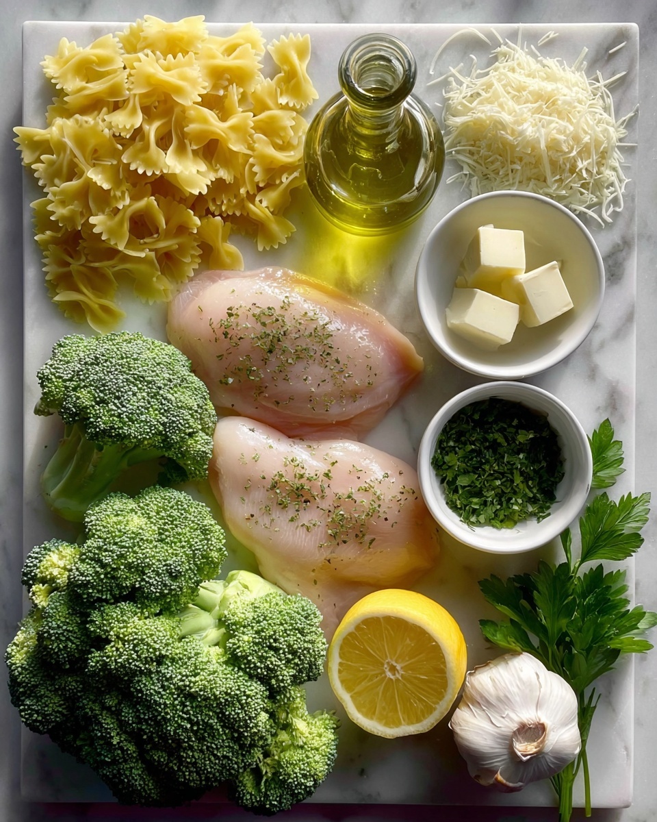 The image shows a white marble surface with a white square cutting board holding several fresh ingredients. On the board, there are dry farfalle pasta pieces in a light yellow color stacked on the top left, two smooth, raw chicken breasts with small green herbs sprinkled on them placed in the center, and fresh green broccoli florets on the bottom left. To the right of the chicken breasts, there is a small white bowl filled with grated cheese topped with two square pieces of butter and another small white bowl filled with grated cheese mixed with green herbs. A half lemon with a bright yellow rind and juicy interior is positioned near the bottom center, next to a whole bulb of garlic and a single peeled clove of garlic. A clear glass bottle of yellow olive oil sits behind the chicken breasts. Fresh green parsley is placed on the right side of the board. The photo taken with an iphone --ar 4:5 --v 7