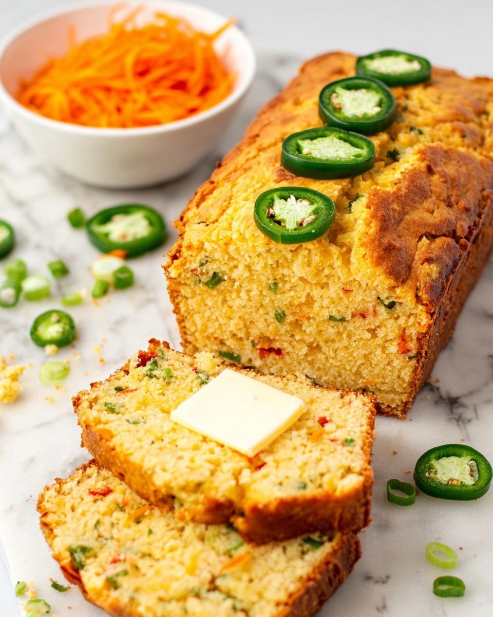 A loaf of golden-brown cornbread with small red and green bits inside is shown on a white marbled surface. One thick slice is cut in front, topped with a square of melting butter, and another slice lies beneath it. The top of the loaf is decorated with a neat row of five green jalapeño slices. Fresh green jalapeño pieces and small chopped green onions are scattered around the bread. In the background, a white bowl filled with bright orange shredded carrots adds color. The photo taken with an iphone --ar 4:5 --v 7