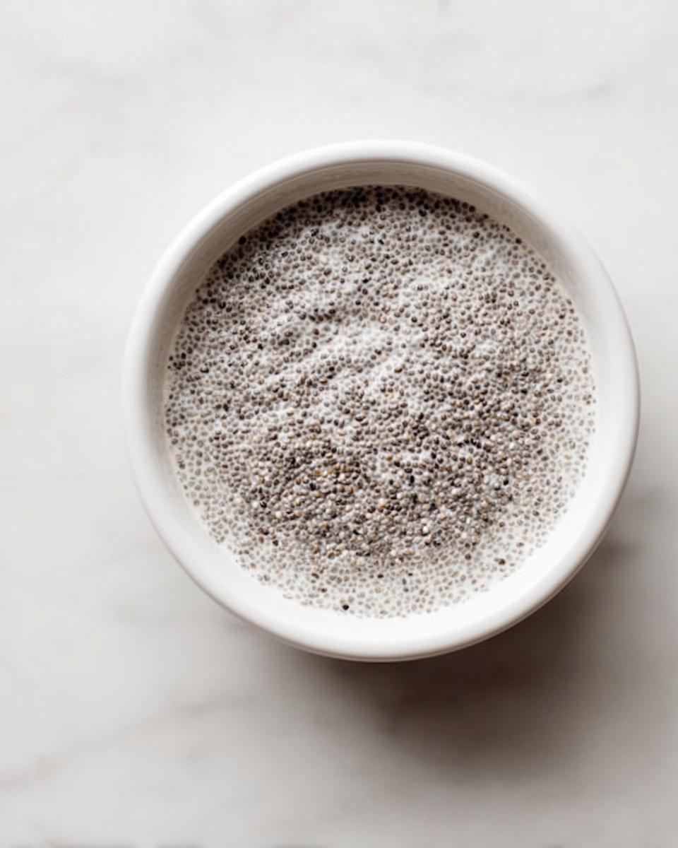 A single white bowl filled with a smooth, creamy mixture of soaked chia seeds in a light, milky liquid, showing a bumpy texture of tiny black and white chia seeds evenly spread throughout. The bowl sits on a white marbled surface with soft natural light highlighting the texture of the chia pudding, creating a clean and simple look. photo taken with an iphone --ar 4:5 --v 7