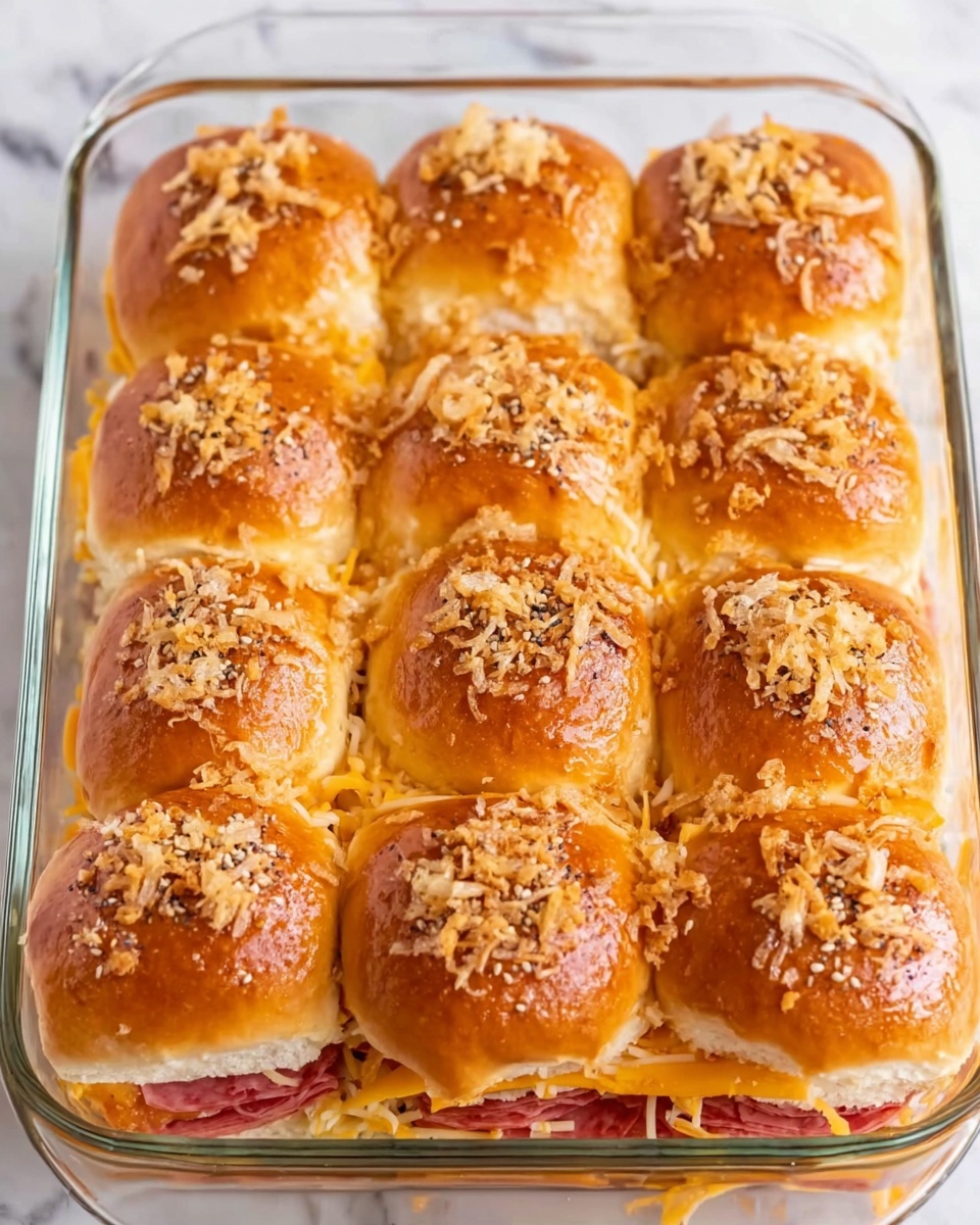 The image shows a clear glass baking dish filled with nine soft, golden brown sandwich buns arranged in a 3x3 grid. Each bun is topped with small bits of crispy fried onions and some poppy seeds. Between the buns, there is a visible layer of shredded light yellow cheese and thin slices of red deli meat. The buns look fluffy with a slightly shiny surface. The dish is placed on a white marbled surface. Photo taken with an iphone --ar 4:5 --v 7