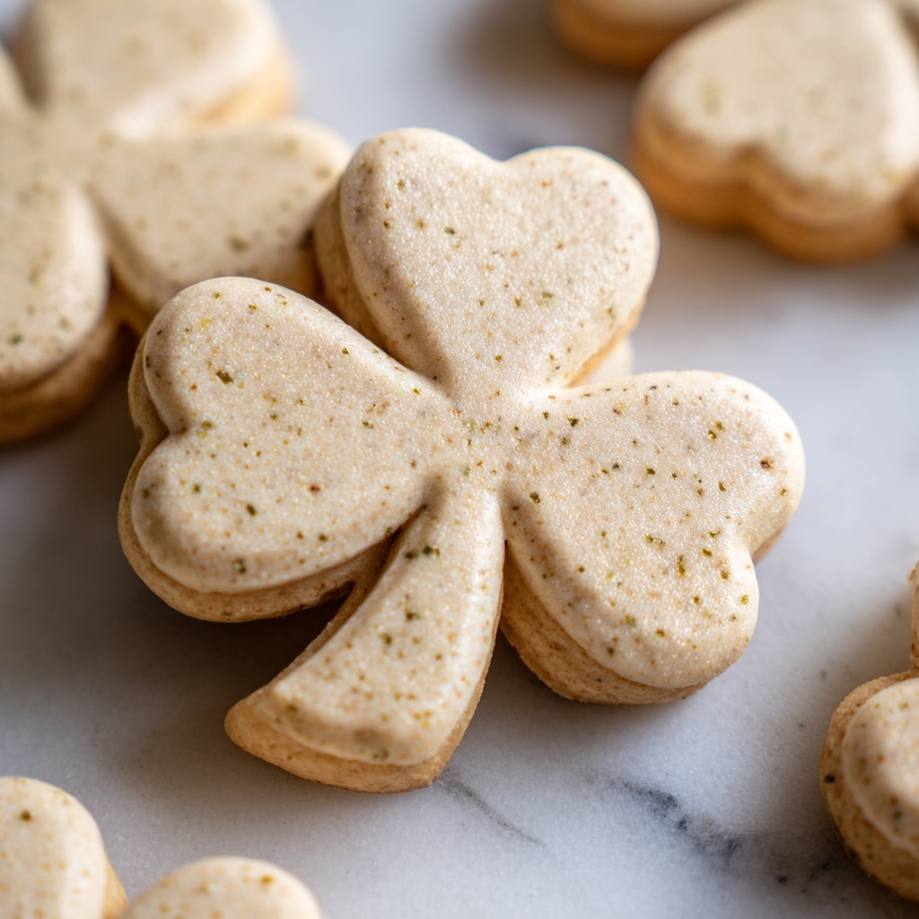 The image shows several light beige clover-shaped cookies arranged closely together on a white marbled surface. Each cookie has a smooth, slightly rounded texture with subtle tiny dark specks scattered across their surface, hinting at vanilla or spices. The cookies have soft edges and a slightly thick body, giving them a dense and tender look. There is no decoration or icing on the cookies, making them appear plain and simple, yet inviting. The photo is closely focused on the middle cookie, which is oriented straight while other cookies are placed at different angles around it. photo taken with an iphone --ar 4:5 --v 7