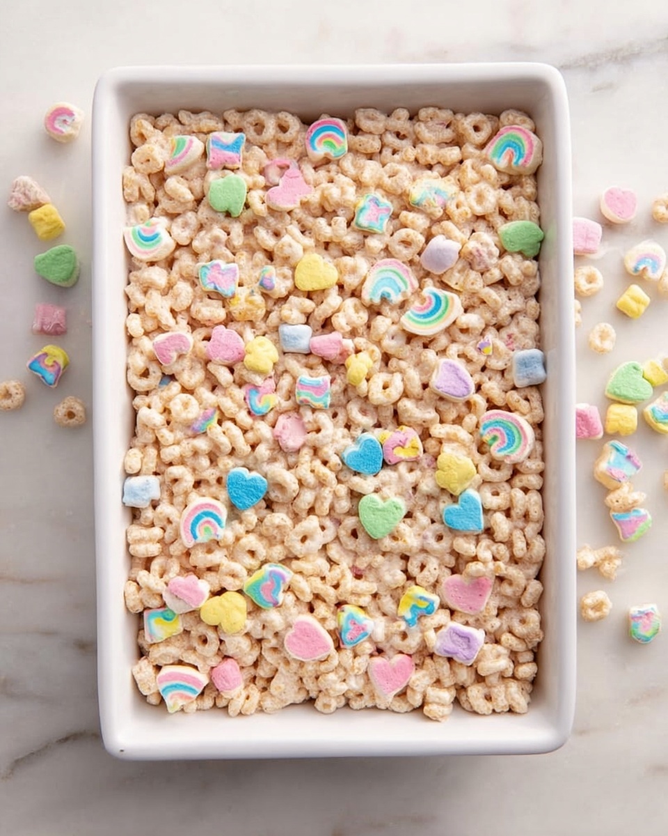 A rectangular white dish filled with one thick layer of light beige puffed cereal pieces mixed with colorful small marshmallows in shapes like rainbows, hearts, and other abstract forms. The cereals have a shiny, sticky texture, binding the pieces together. The dish sits on a white marbled surface with some individual cereal pieces scattered nearby. The overall look is soft and slightly glossy, showing a dense, solid block of the cereal treat. Photo taken with an iphone --ar 4:5 --v 7