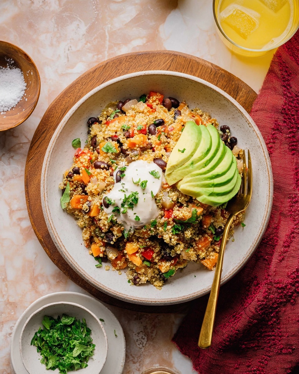 A white bowl holds a colorful quinoa salad with black beans, orange and red vegetable pieces, and green herbs mixed throughout. On top, there are five avocado slices arranged in a fan shape showing a smooth light green color. Next to the avocado, a dollop of white creamy sauce is placed, sprinkled with small green herbs. A gold fork rests inside the bowl on the right side. The bowl is set on a wooden board with a red cloth underneath, all on a white marbled surface. Nearby, there is a small round white plate with green chopped herbs, a wooden bowl with coarse salt, and a yellow glass with a drink. Photo taken with an iphone --ar 4:5 --v 7
