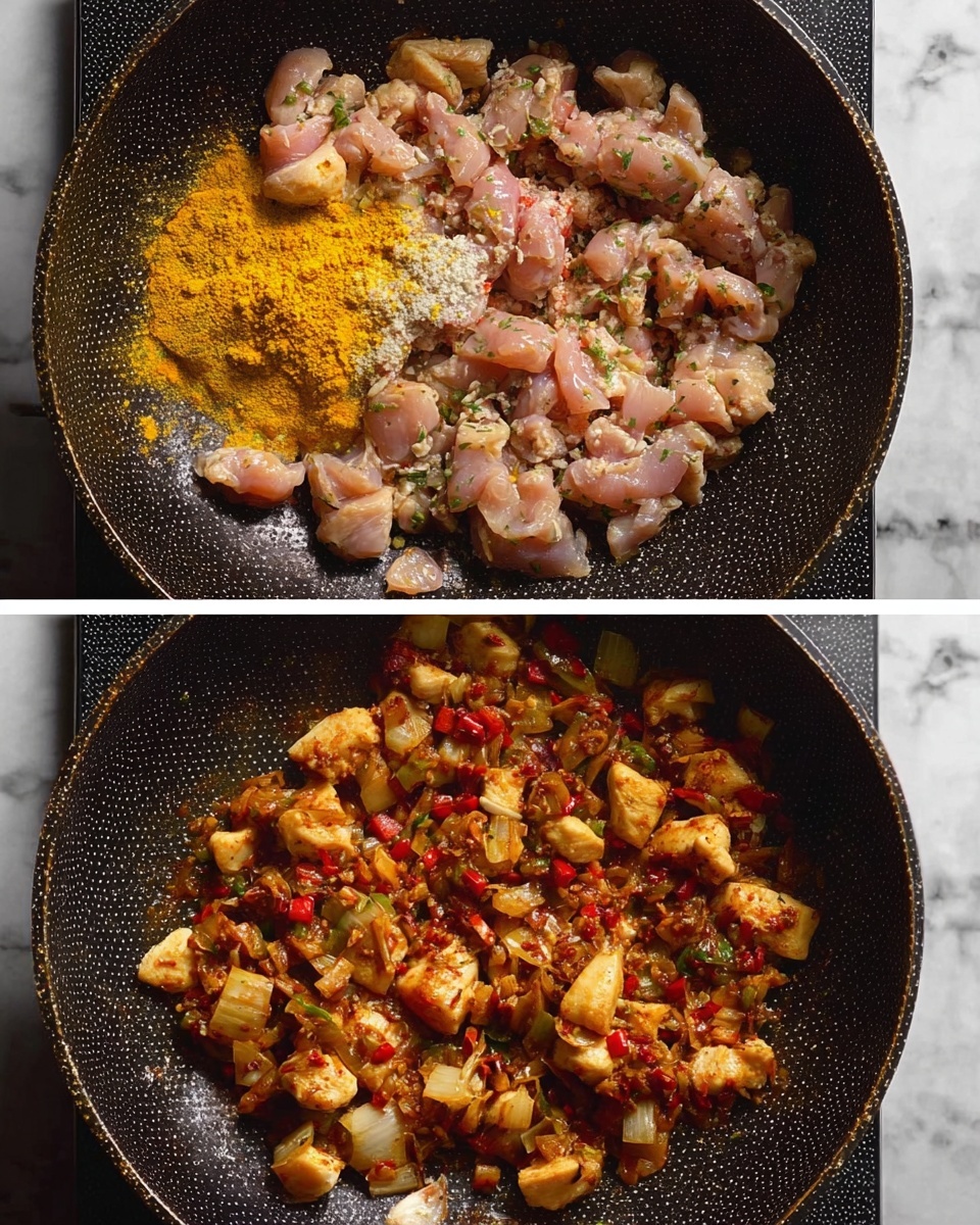 The image shows two side-by-side photos of a black frying pan on a white marbled surface. In the left photo, the pan is filled with small pieces of raw chicken layered on top of visible chopped red and green peppers, sprinkled with bright orange turmeric powder and white salt. In the right photo, the same pan shows the chicken now cooked to a light golden brown mixed with softened pieces of red peppers and spices, all coated evenly in a rich sauce, slightly bubbling around the edges. Photo taken with an iphone --ar 4:5 --v 7