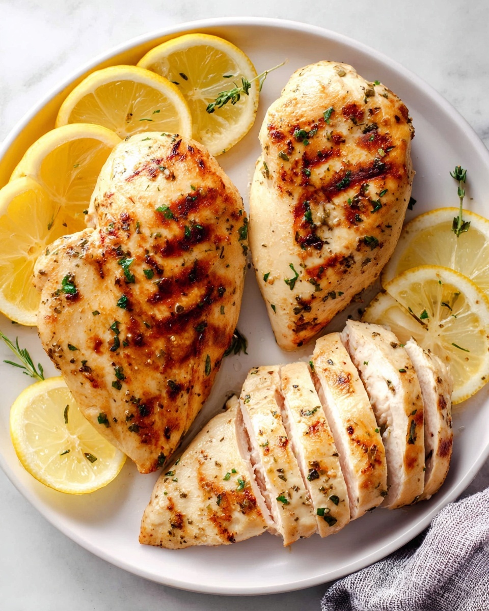 A white plate holds two whole cooked chicken breasts with golden brown, slightly crispy skin sprinkled with finely chopped green herbs. Next to them on the right, one chicken breast is sliced into thick, even pieces showing juicy, white meat inside with a browned outer layer. Bright yellow lemon slices are arranged around the chicken, some tucked under the pieces, adding a fresh pop of color. The background is a white marbled surface with a soft gray and white cloth partially visible at the bottom right. Photo taken with an iphone --ar 4:5 --v 7