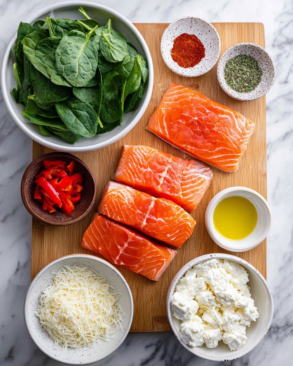 The image shows a wooden board on a white marbled surface with six bowls and four pieces of fresh orange salmon fillets. Starting from the top left, the large white bowl holds green spinach leaves, full and fresh. Below it, three orange salmon fillets with white lines and skin on one edge are placed side by side. In the middle right, a small speckled bowl contains green dried herbs, while another similar bowl next to it holds bright red chili powder. Below those, a small dark brown bowl has chopped red bell peppers. In the bottom left corner, a white bowl has finely grated white cheese. Next to it is a small white bowl with golden olive oil. Lastly, the large white bowl on the bottom right is filled with soft, white crumbled cheese. Photo taken with an iphone --ar 4:5 --v 7