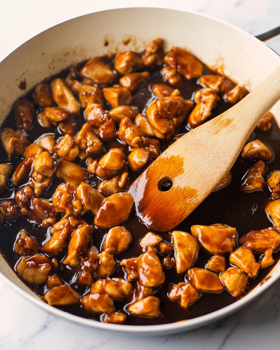 The image shows small, shiny pieces of cooked chicken in a glossy dark brown sauce inside a white frying pan. The chicken pieces are evenly coated with the thick sauce, giving them a smooth and slightly sticky look. A light-colored wooden spatula with a round hole near the handle is gently stirring the chicken and sauce in the pan. The surface under the pan is a white marbled texture. photo taken with an iphone --ar 4:5 --v 7