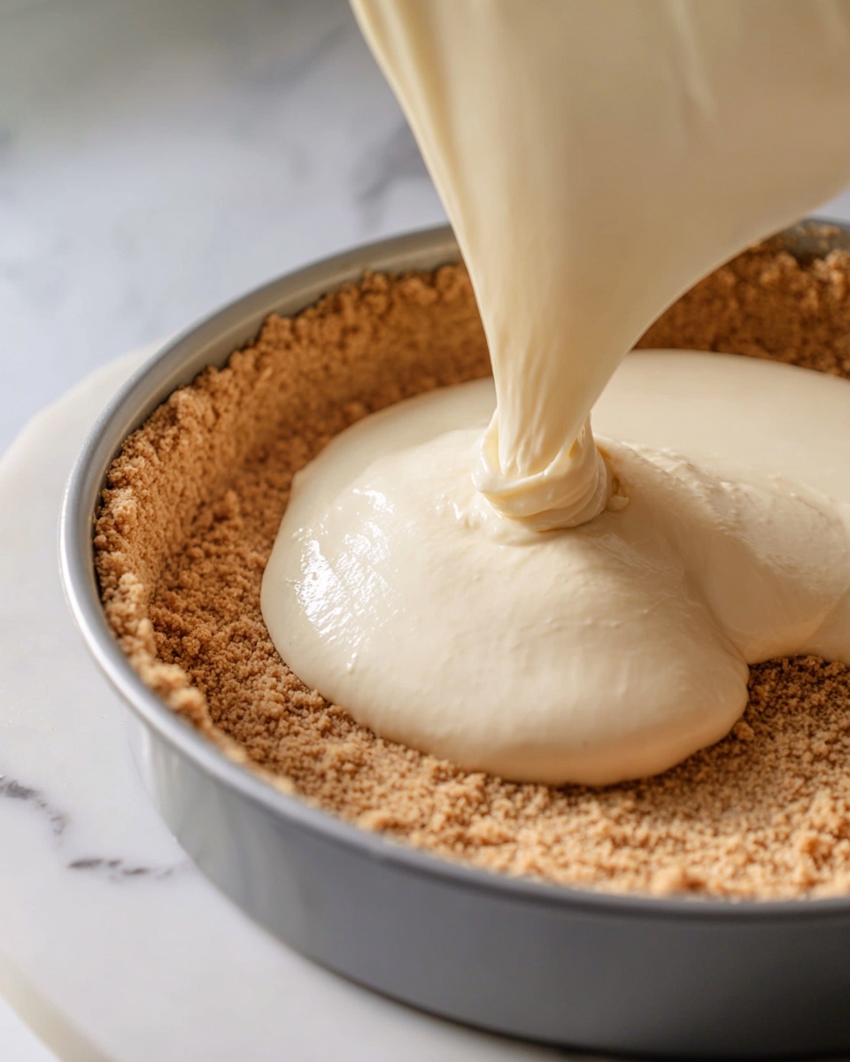 A close-up view shows a creamy, light beige mixture being poured into a white round pan filled with a crumbly light brown base layer. The creamy layer looks smooth and thick, slowly spreading over the rough, textured crust below. The pan is placed on a surface with a white marbled texture, adding a clean and fresh look to the scene. photo taken with an iphone --ar 4:5 --v 7