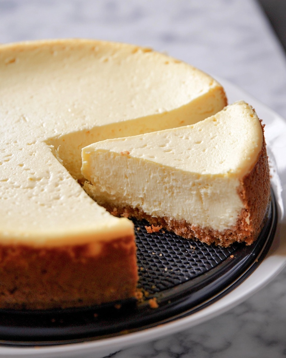 A close-up view of a cheesecake with one slice removed, showing two layers: a thick, creamy pale yellow top layer with a smooth texture and a slightly browned edge, and a thinner, crumbly light brown crust layer at the bottom. The cheesecake sits on a black perforated round base, which is placed on a white plate. The background surface is a white marbled texture. Photo taken with an iphone --ar 4:5 --v 7