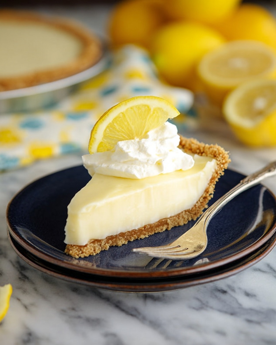 A single slice of lemon pie sits centered on a white plate, showing three layers: a light brown crumbly crust at the bottom, a thick creamy pale yellow filling in the middle, and a dollop of white whipped cream on top. A thin lemon slice garnishes the whipped cream. A silver fork lies next to the pie slice on the plate. The background is a white marbled surface with blurred yellow lemons and a lemon-patterned cloth in soft focus. Photo taken with an iphone --ar 4:5 --v 7