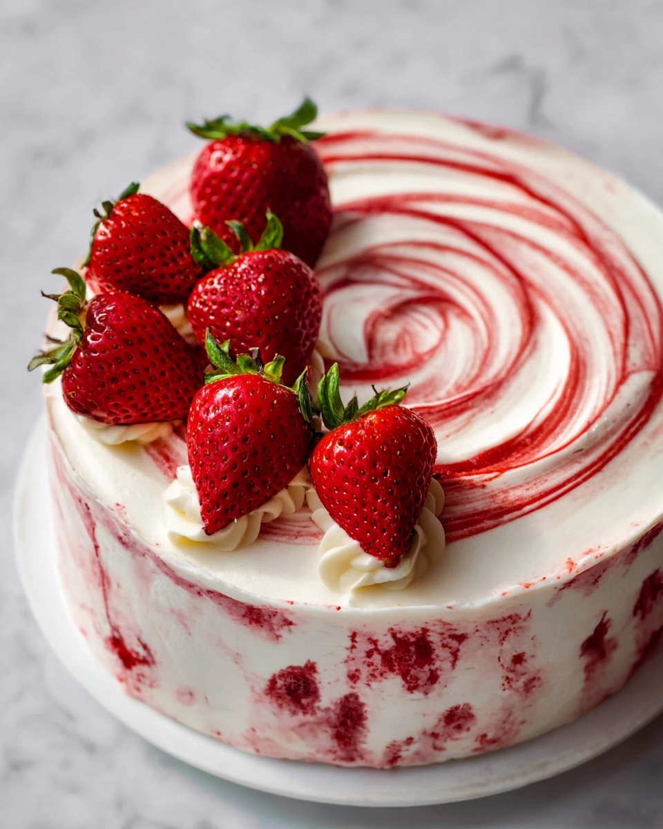The image shows a round cake with one main layer covered in smooth white cream frosting mixed with red streaks that swirl in a spiral pattern on top. The edge of the top layer is decorated with six halves of fresh strawberries, arranged closely together in a cluster on one side. The strawberries are bright red with visible seeds and green leaves on top, contrasting with the creamy white and red swirled frosting. The cake sits on a white plate placed on a white marbled surface. photo taken with an iphone --ar 4:5 --v 7